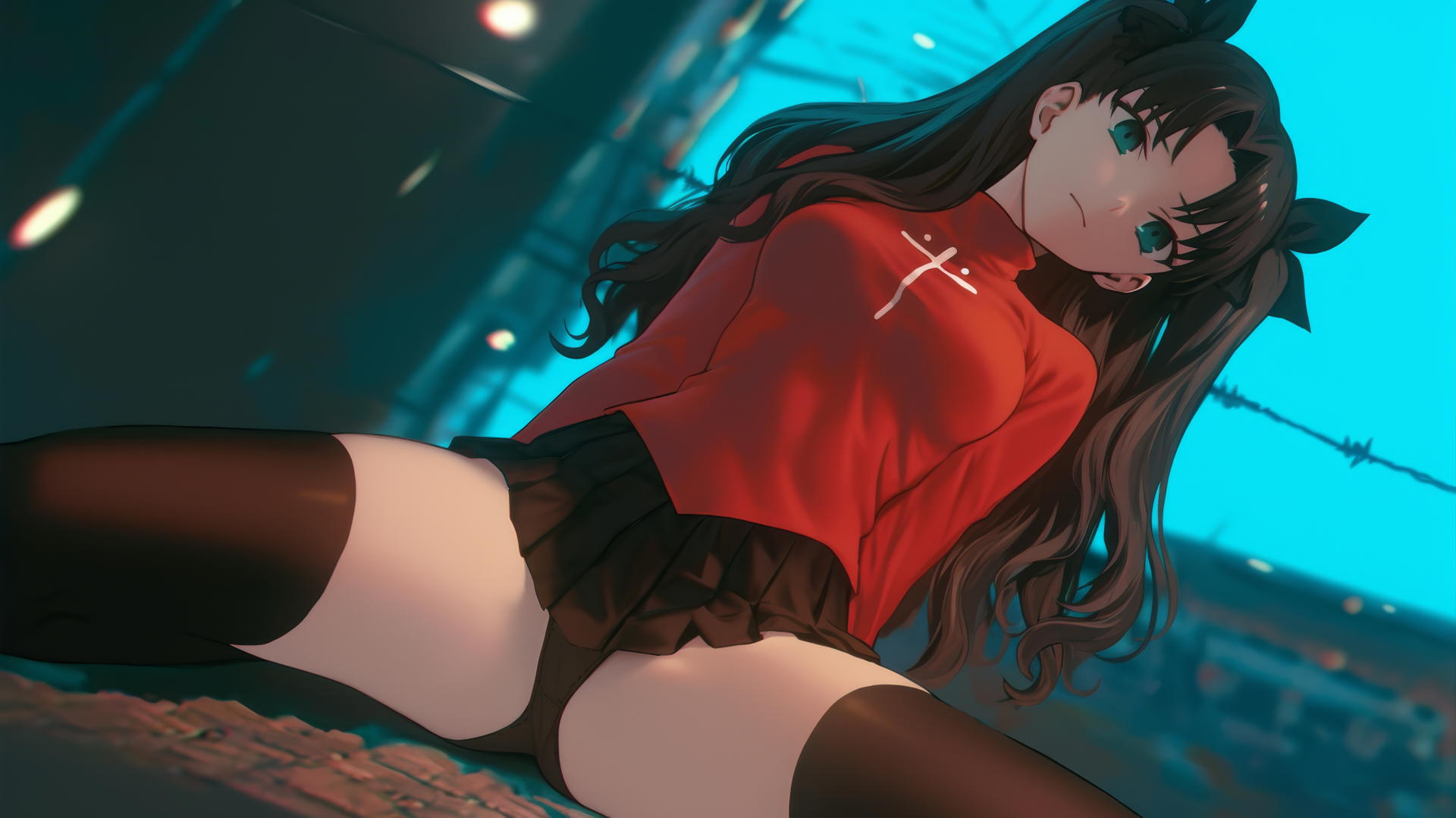 Rin Tohsaka kneeling and leaning forward, warm light, ceiling background
