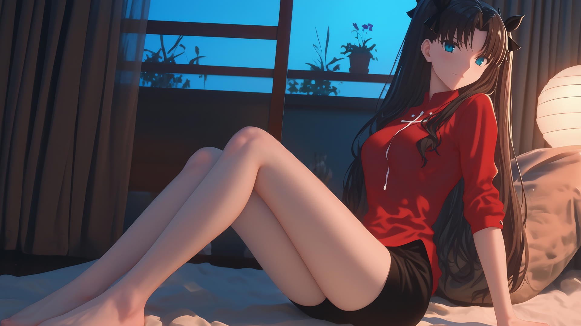 Rin Tohsaka lying in a modern hotel room illuminated by moonlight