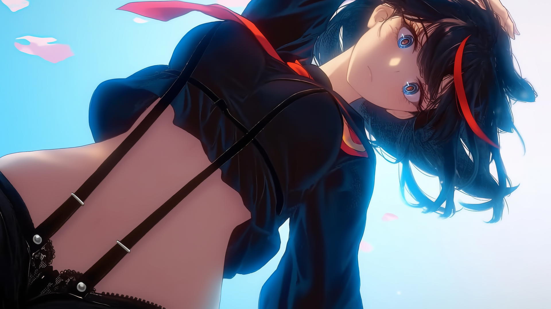 Ryuko Matoi with red-streaked black hair, kneeling and looking down, under warm light.