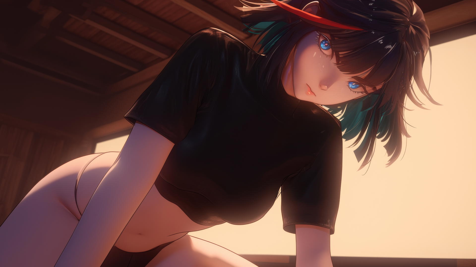 Ryuko Matoi kneeling and leaning, blue eyes with gear-shaped pupils, warm light glow.