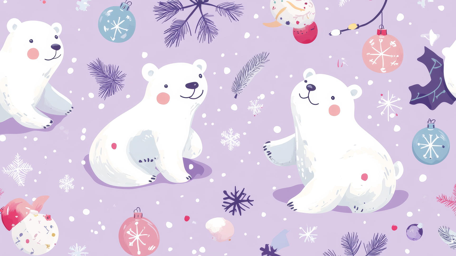 cute Christmas wallpaper preppy with cheerful polar bears, ornaments, and twinkling lights on pastel lavender background