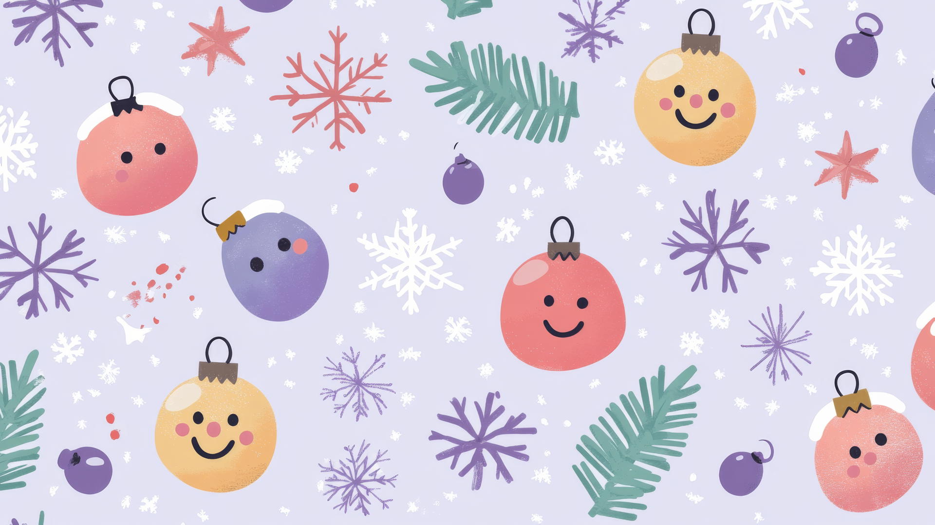 cute Christmas wallpaper preppy with smiling snowflakes, Christmas bells, and colorful baubles