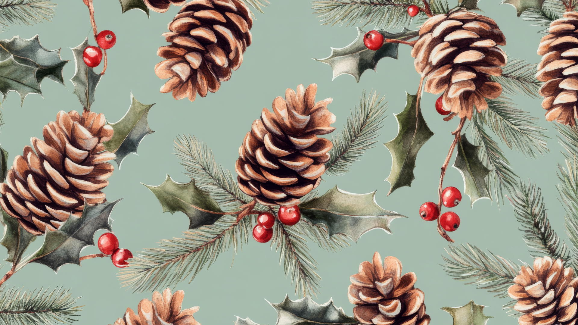 Christmas wallpaper preppy with pinecones, holly leaves on pastel mint green