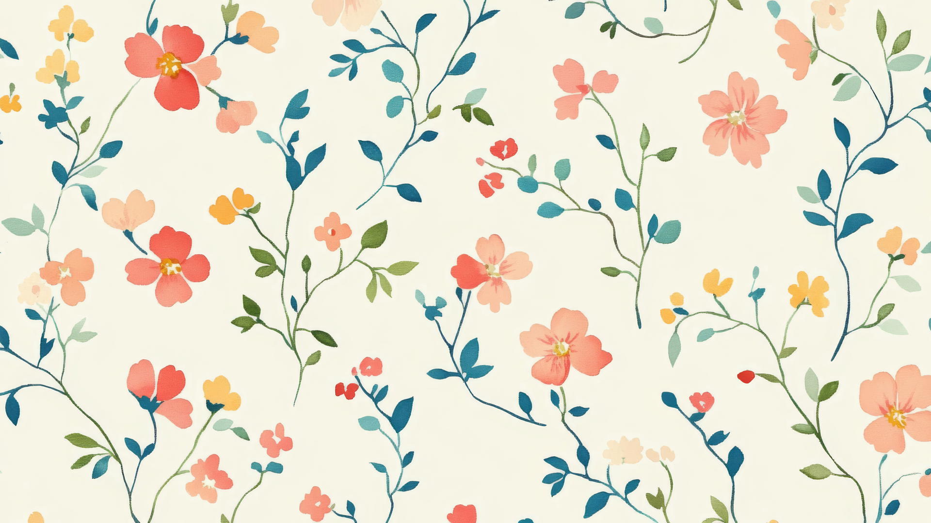 Preppy wallpaper with colorful small flowers in pastel on a cream background.