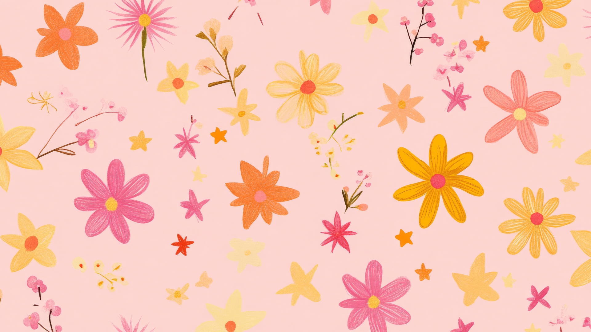 pink preppy wallpaper with hand-drawn stars and flowers in pink, yellow, and orange on pastel pink background