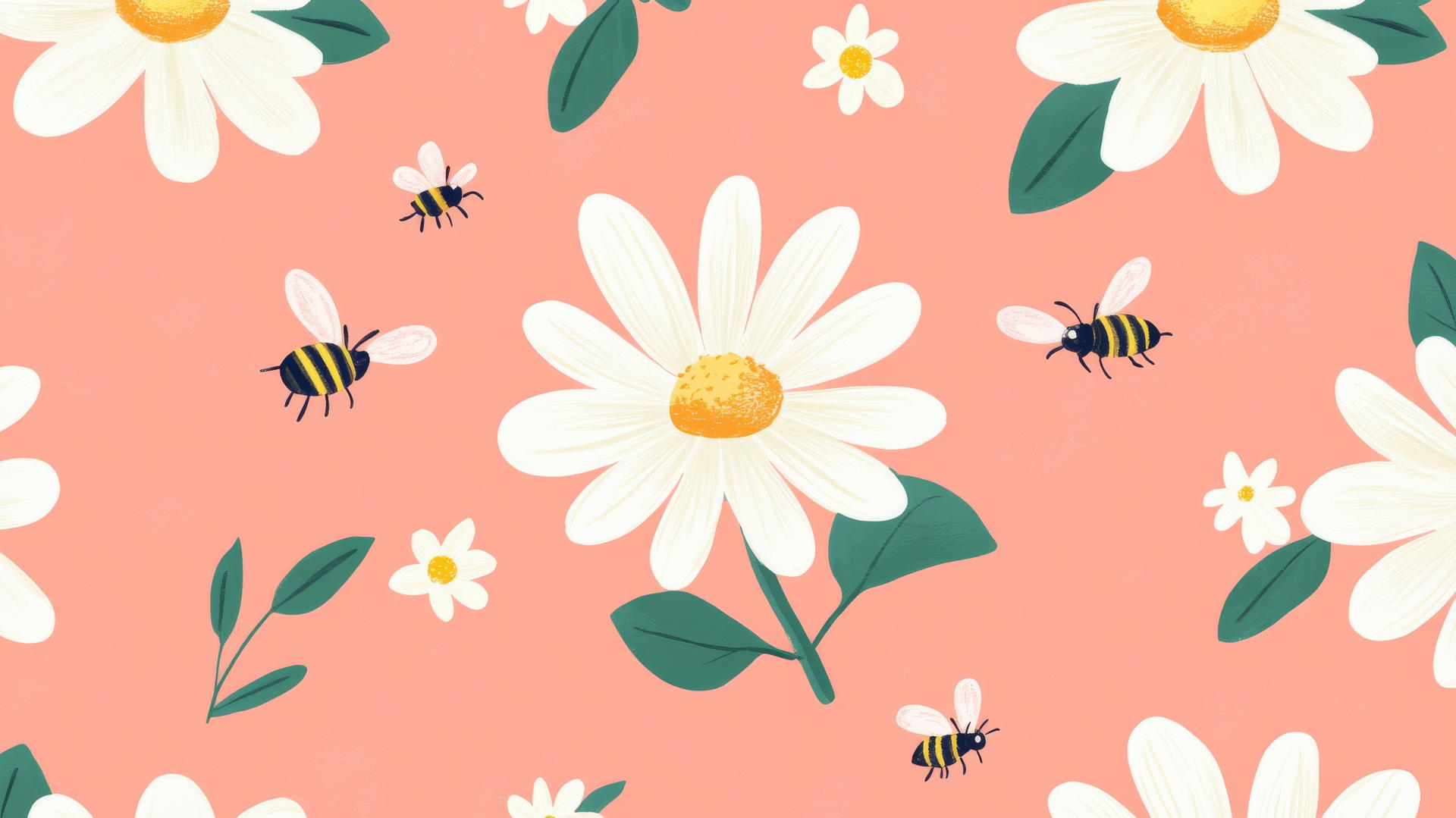 Preppy wallpaper with cartoon white daisies, bees, pink background