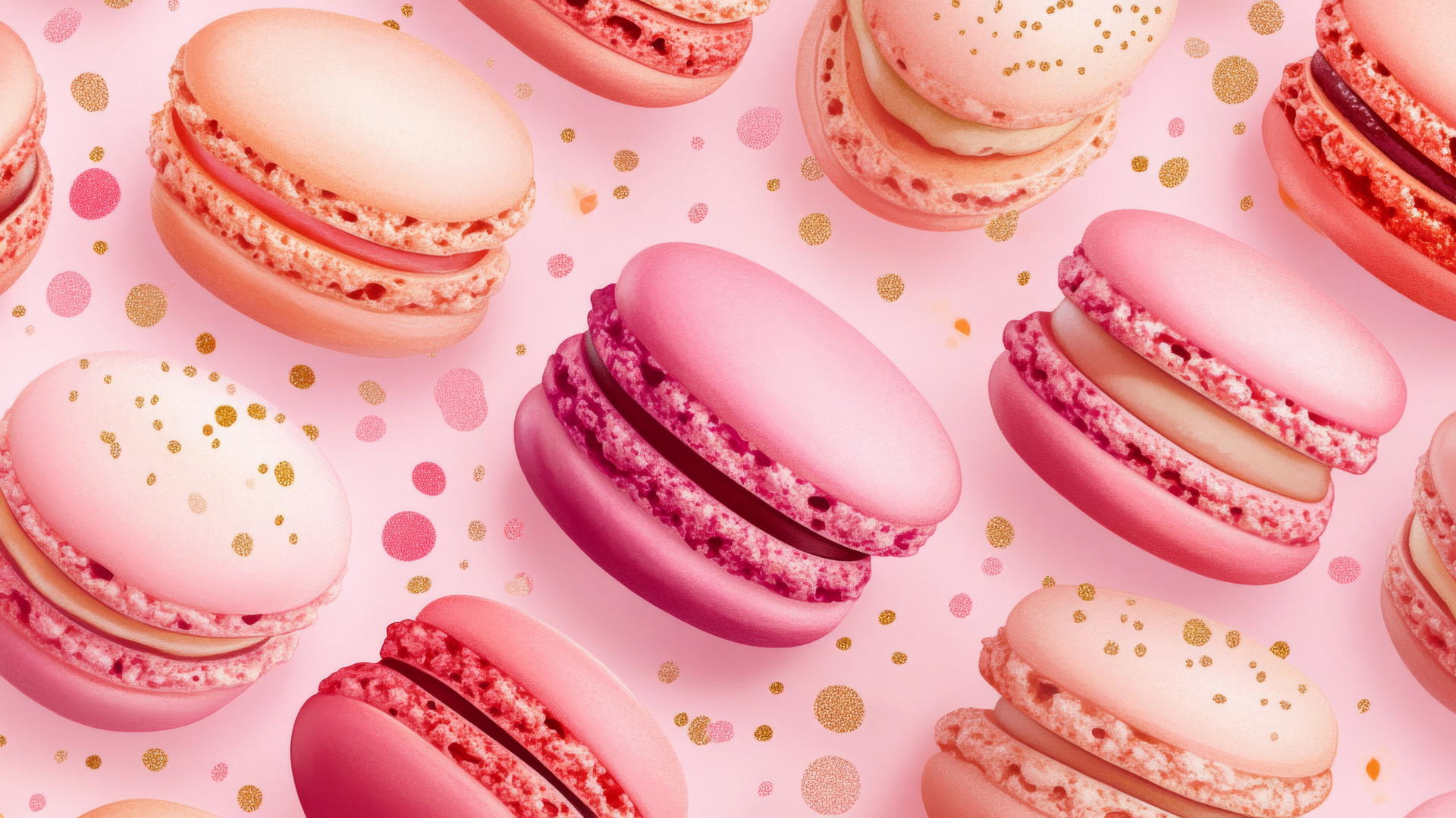Preppy wallpaper pink with playful pink macarons, pastel confetti.