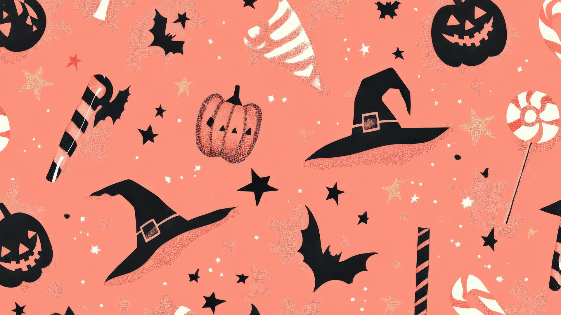 Retro Halloween pattern with witches, candy canes, and stars on pastel coral background, preppy