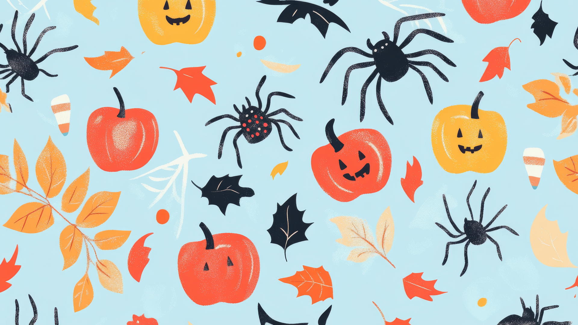 preppy wallpaper halloween with cute spiders, candy apples, autumn leaves on pastel blue