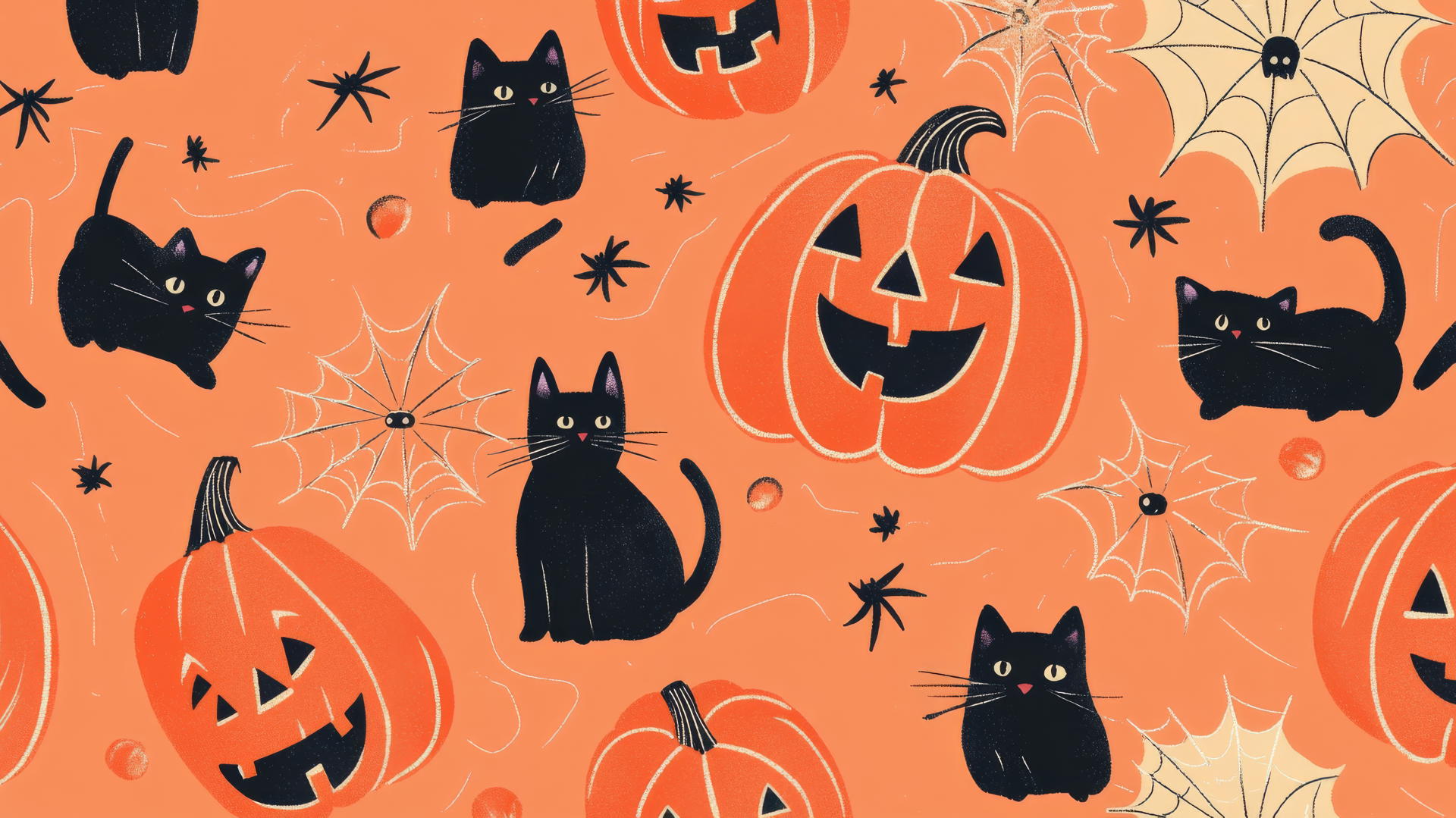 Preppy Halloween wallpaper with jack-o'-lanterns, black cats, and spiderwebs on pastel orange