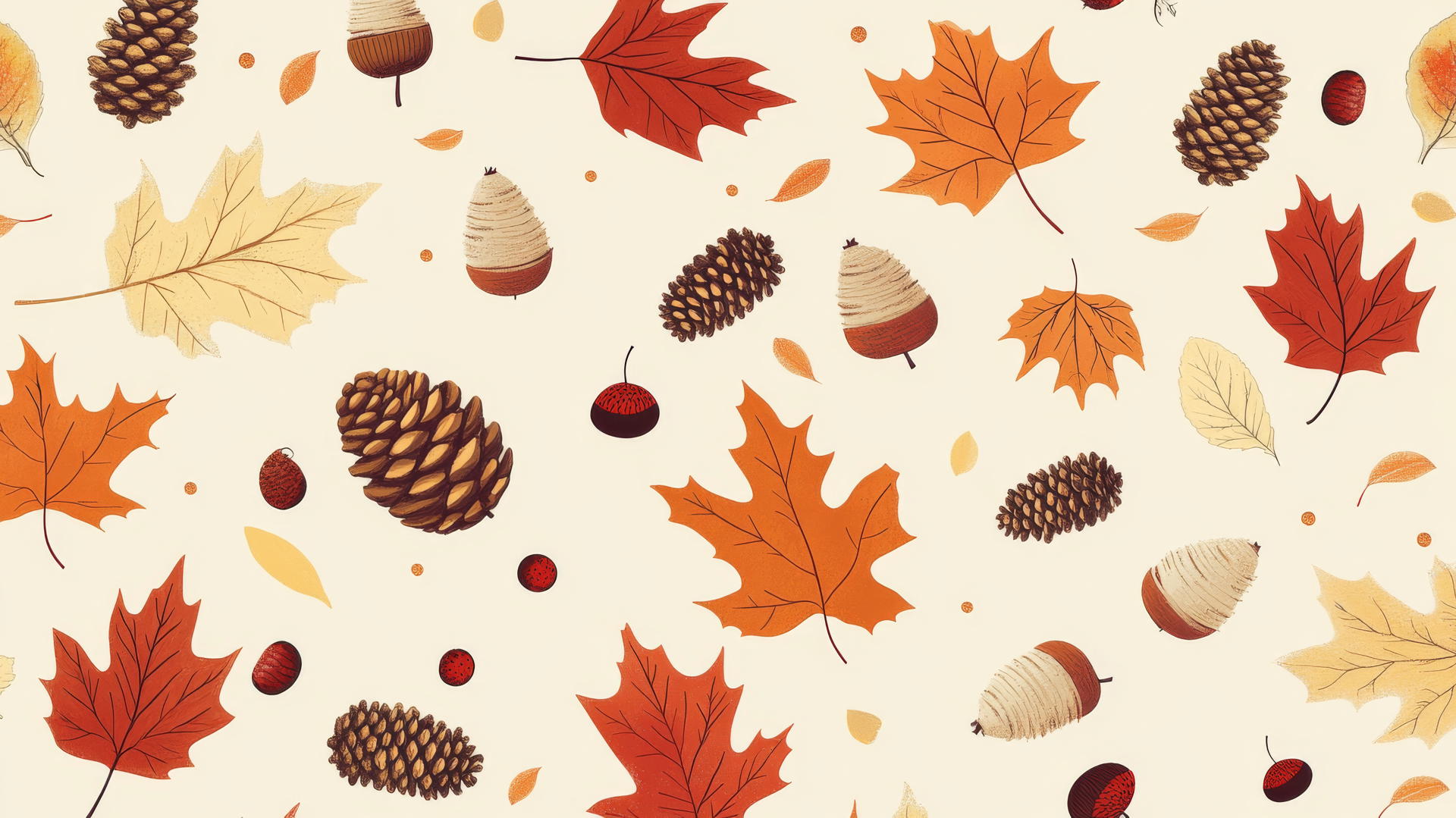 preppy autumn wallpaper with cute leaves, acorns, and pinecones on pastel beige