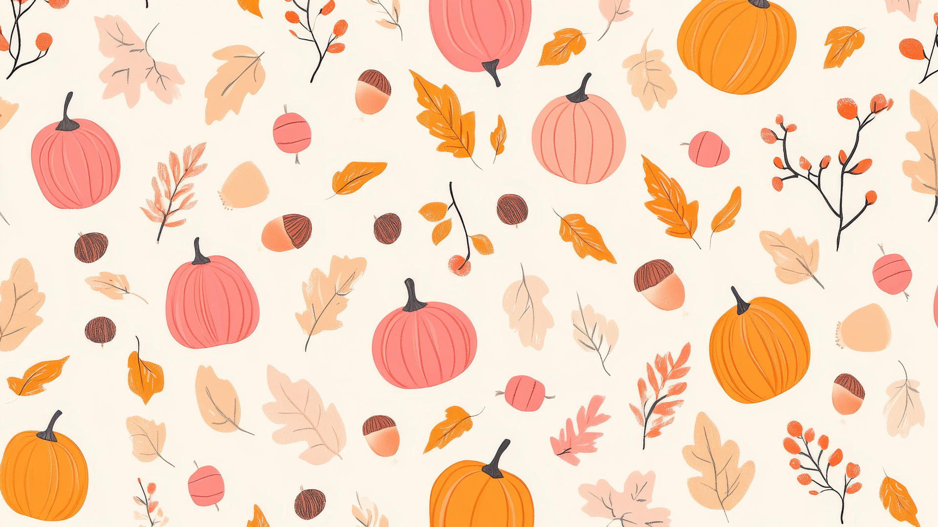 preppy fall wallpaper with pastel pink and orange foliage, small pumpkins, acorns