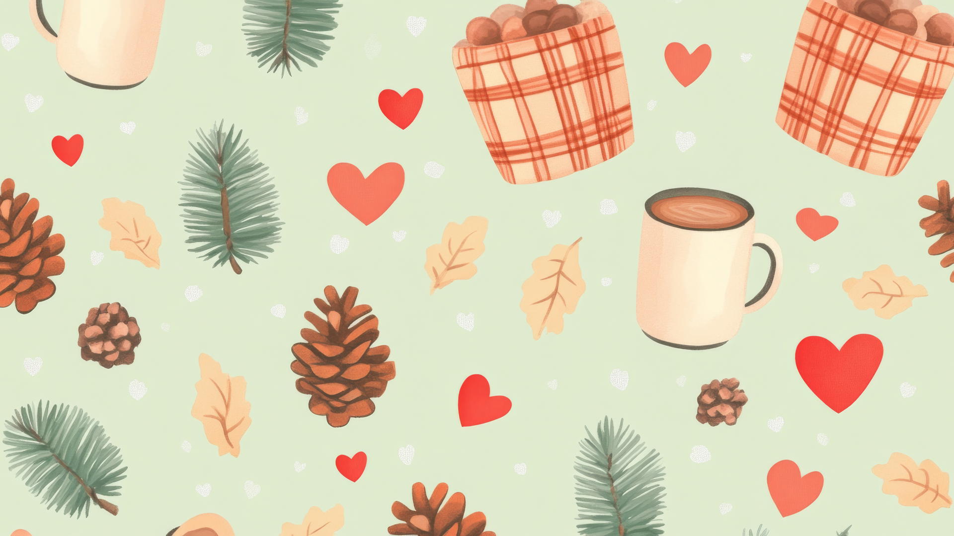 preppy fall wallpaper with pinecones, plaid blankets, and hot cocoa mugs on pastel green