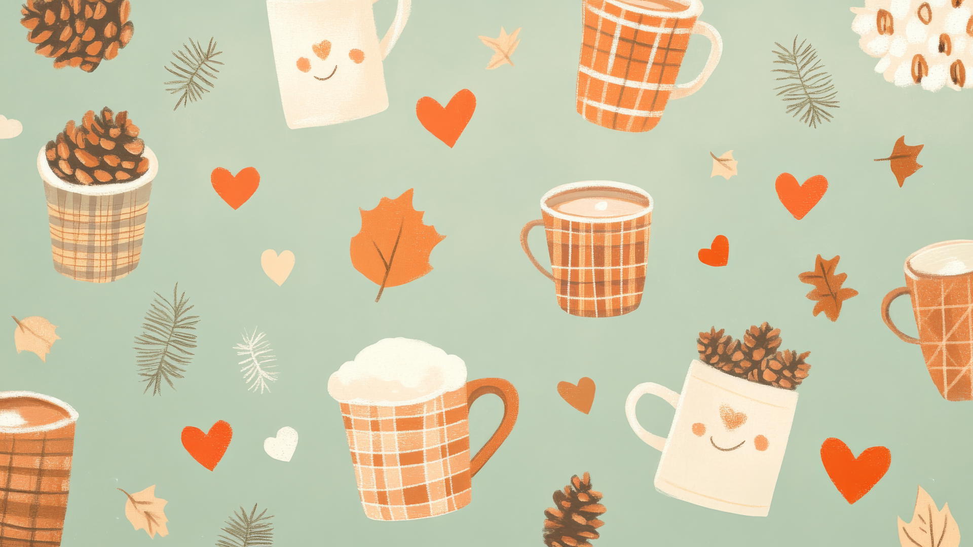 preppy fall wallpaper with pinecones, plaid blankets, hot cocoa mugs on pastel green background