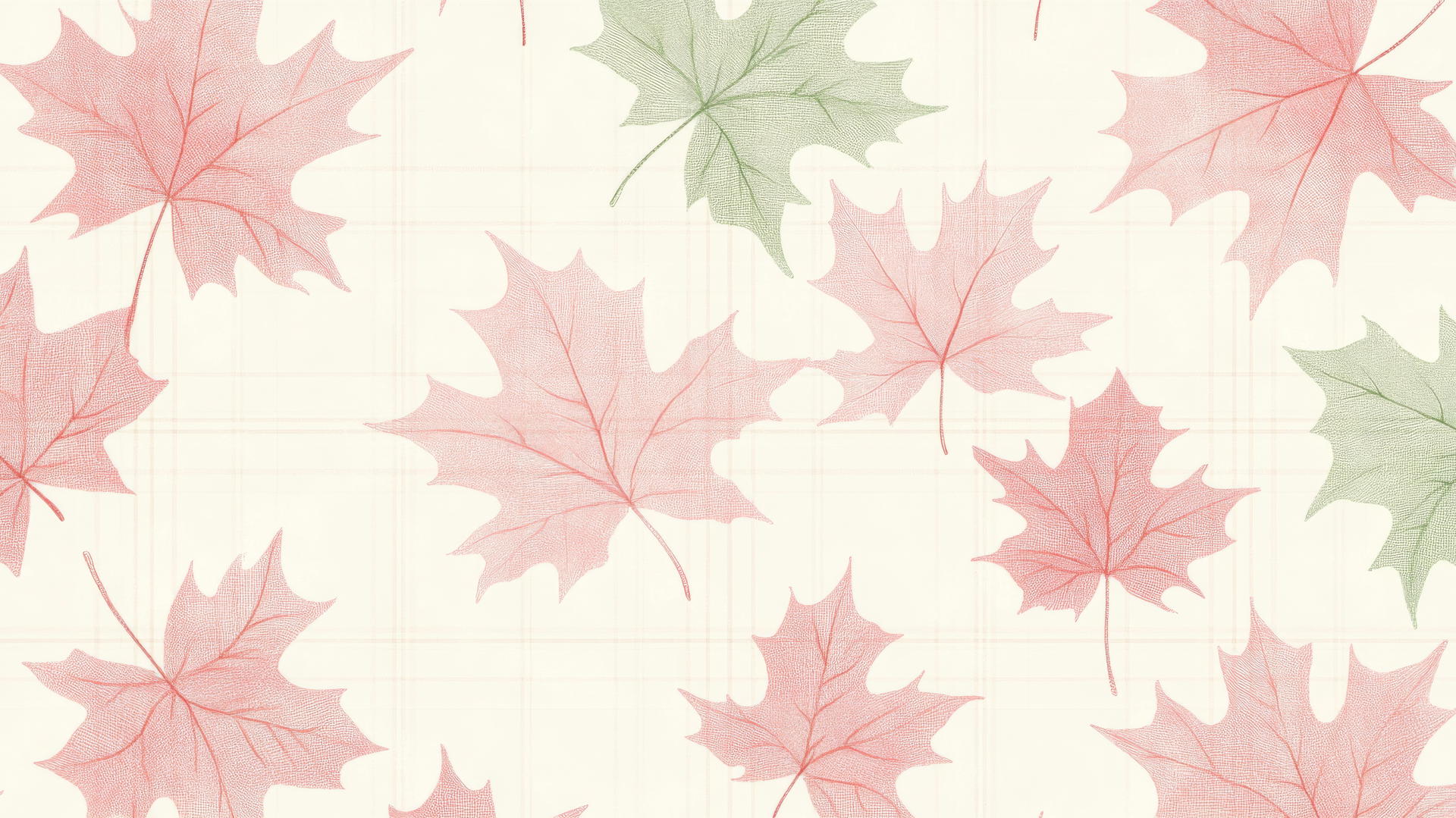 preppy fall wallpaper with hand-drawn maple leaves in pastel pink and mint green on a cream background
