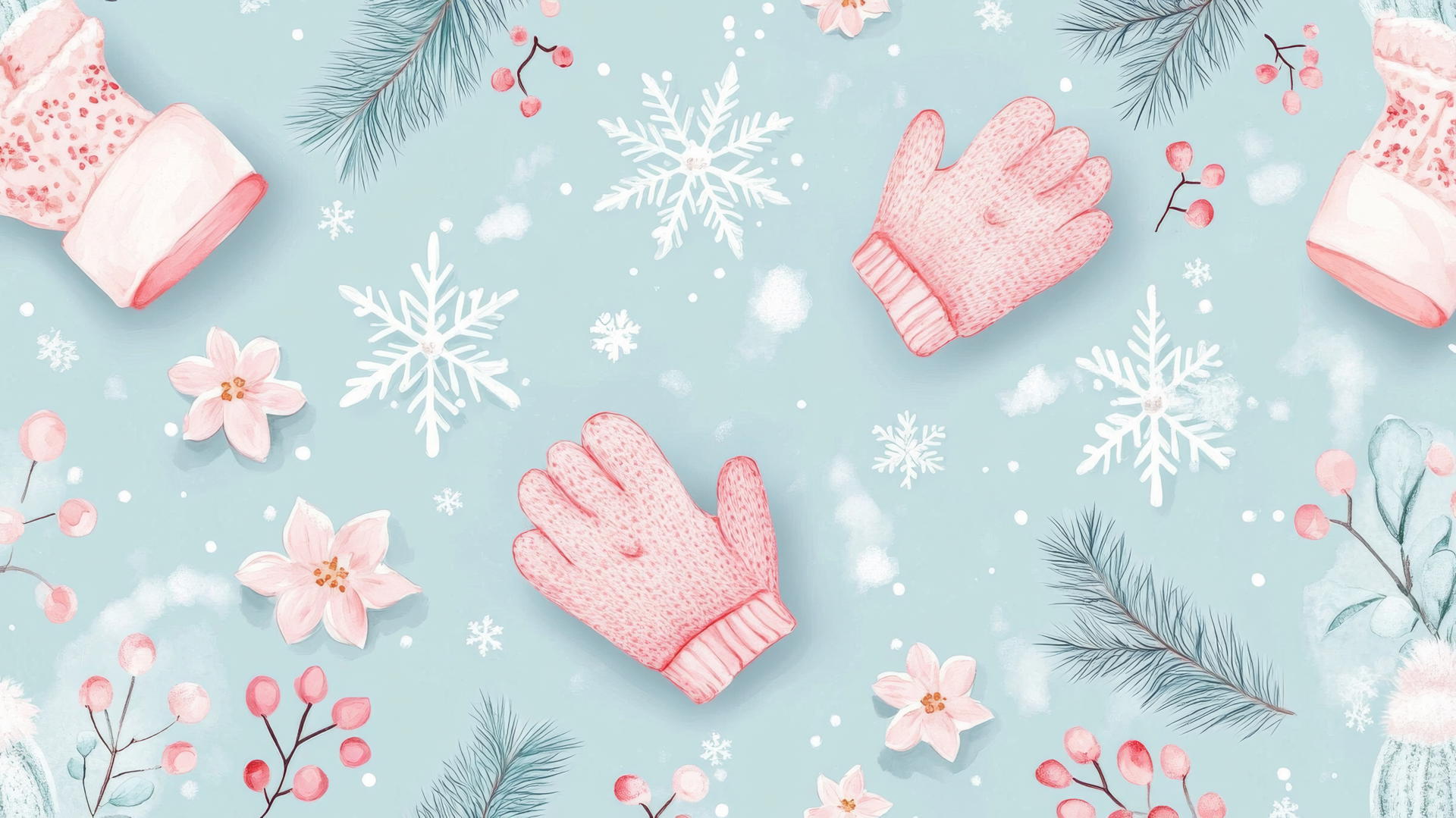 preppy winter wallpaper with white snowflakes, pink mittens, pastel flowers on light blue