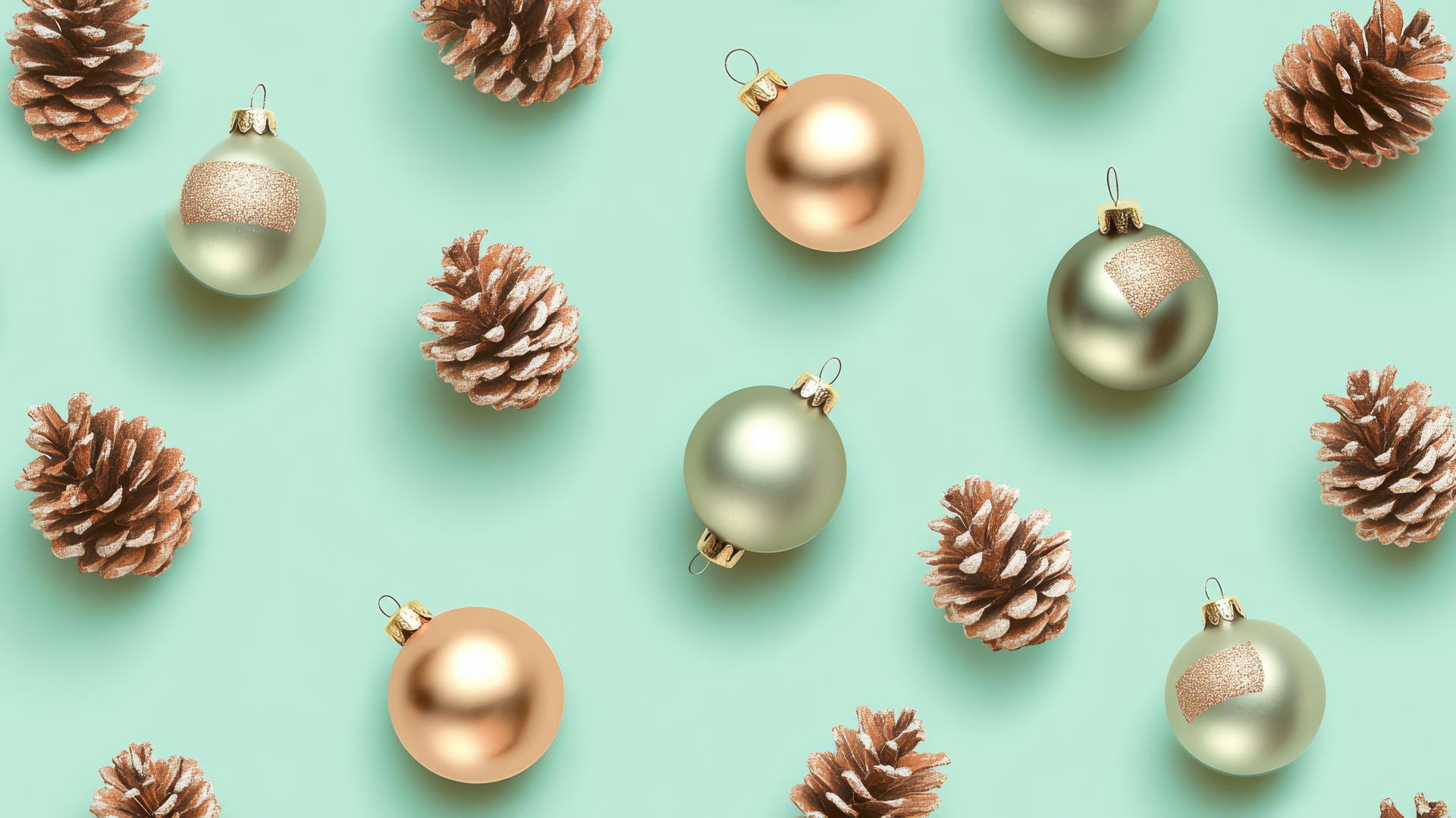 preppy winter wallpaper with shiny holiday ornaments and pinecones on pastel green background
