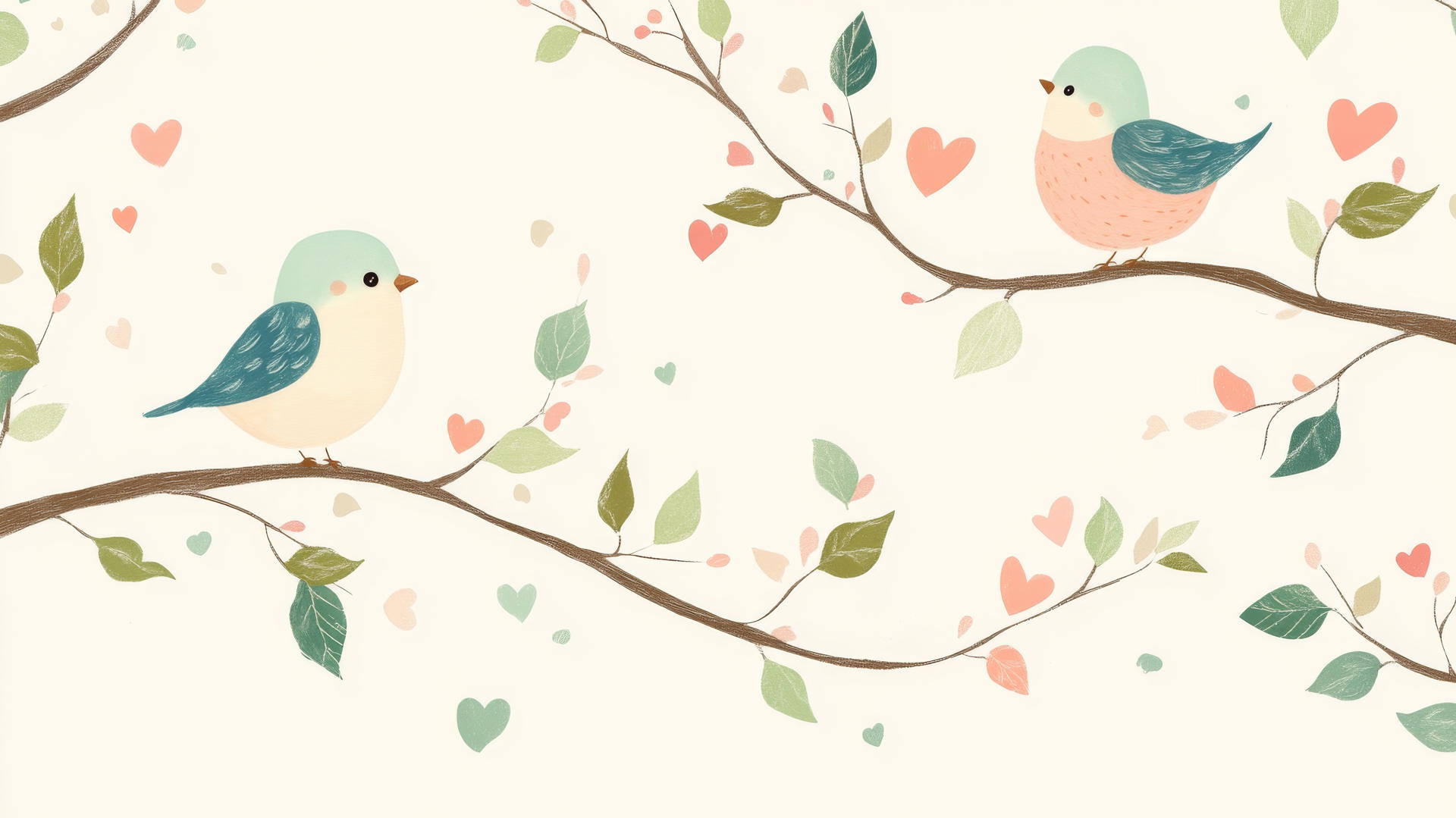 preppy valentines wallpaper with lovebirds on heart-shaped leaf branches in pastel colors