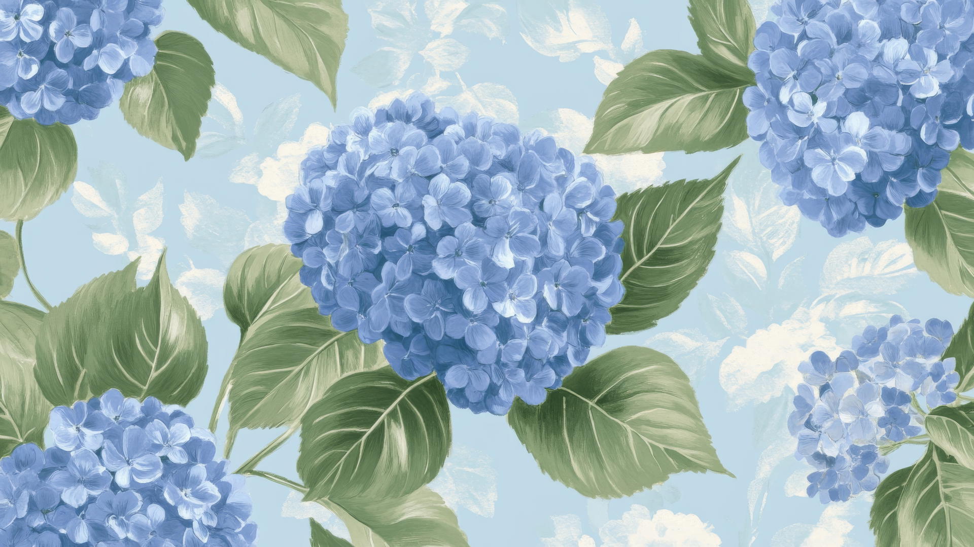 preppy blue wallpaper with hand-drawn blue hydrangeas and green leaves