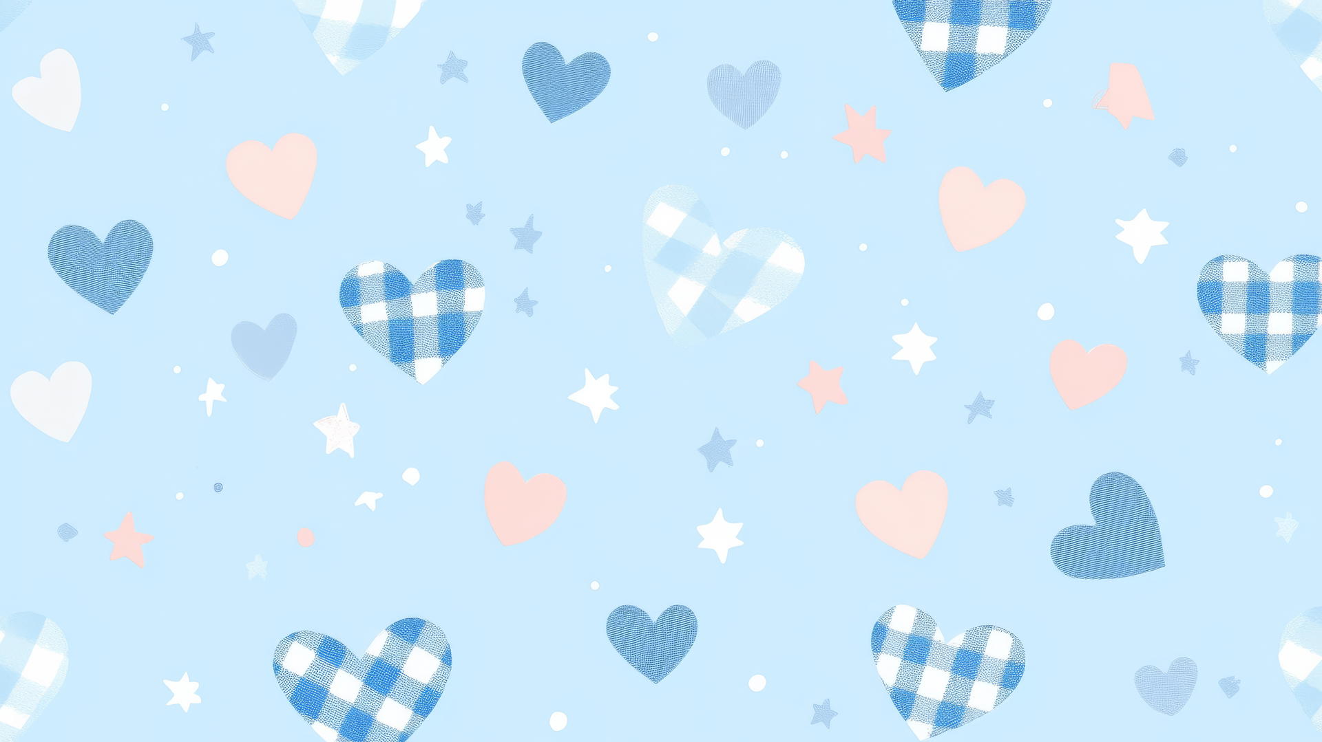 playful preppy blue wallpaper with checkered hearts and pastel pink stars