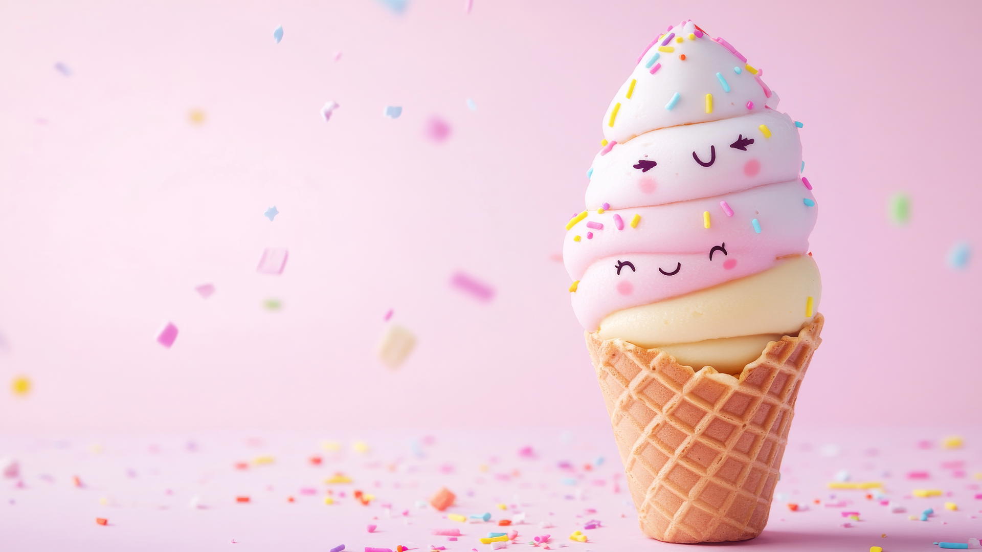popular cute wallpapers for girls with a pastel ice cream cone and kawaii faces on a light pink background