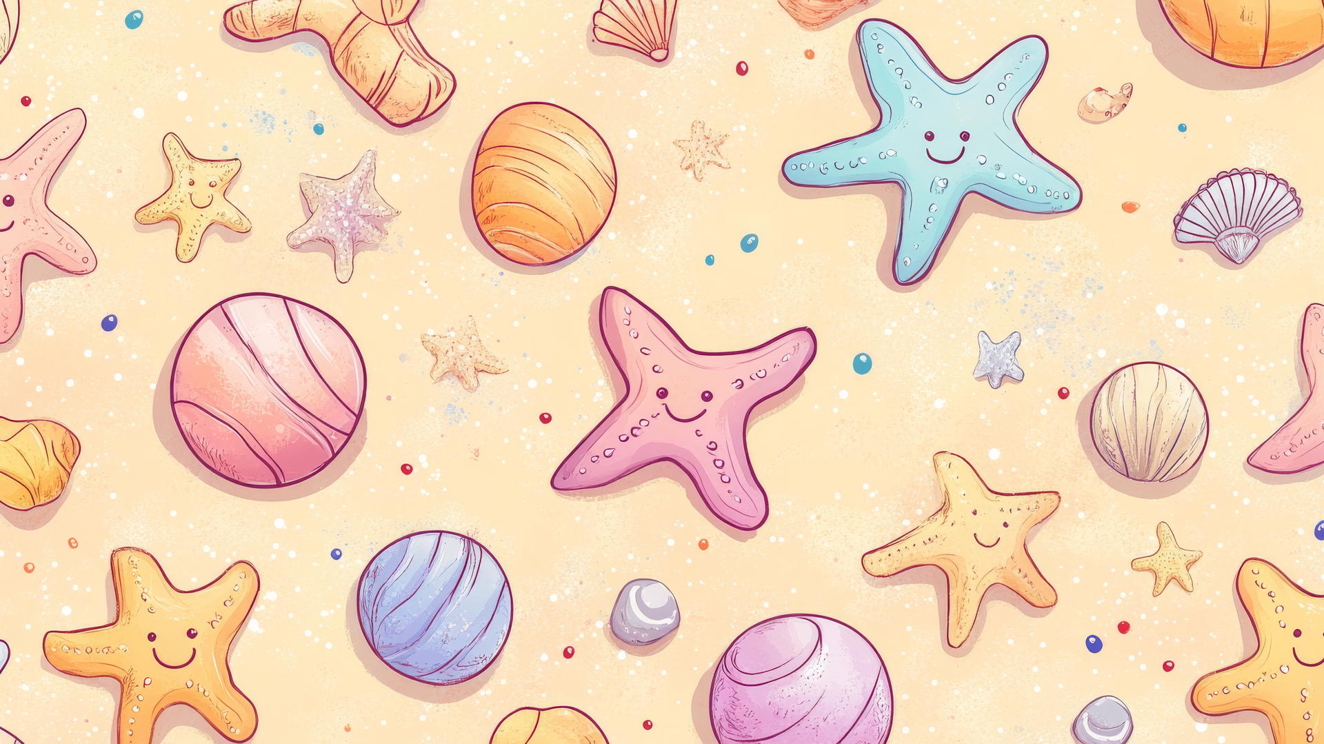 cute wallpapers for girls with hand-drawn starfish, seashells, beach balls in pastel colors