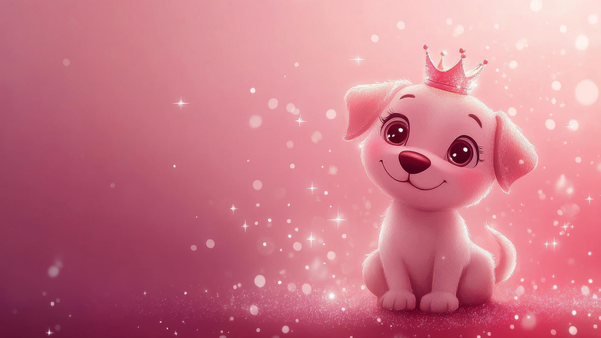 Pink cute puppy wallpaper with soft pink gradient background, tiny crown, sparkles, stars.