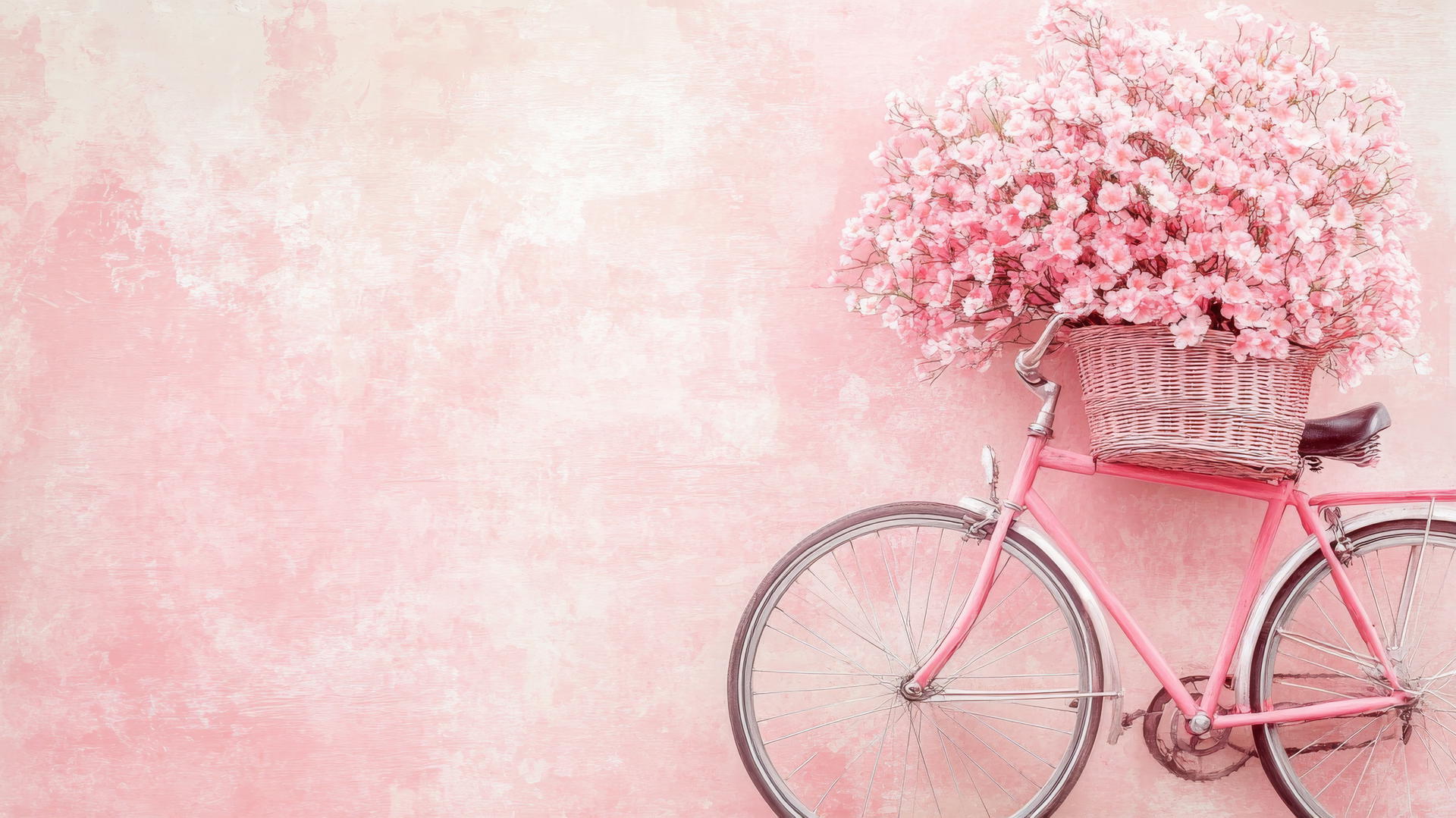 pink wallpaper aesthetic with vintage bicycle and basket of pink flowers