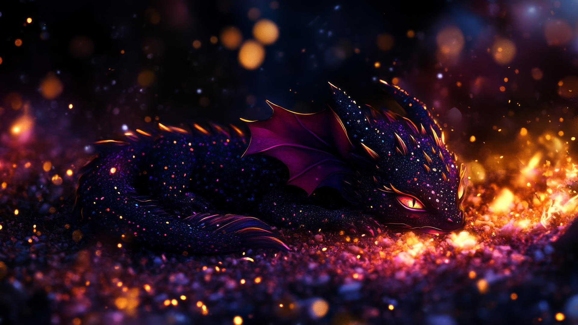 black cute wallpaper with a tiny, colorful dragon sleeping on a dark background
