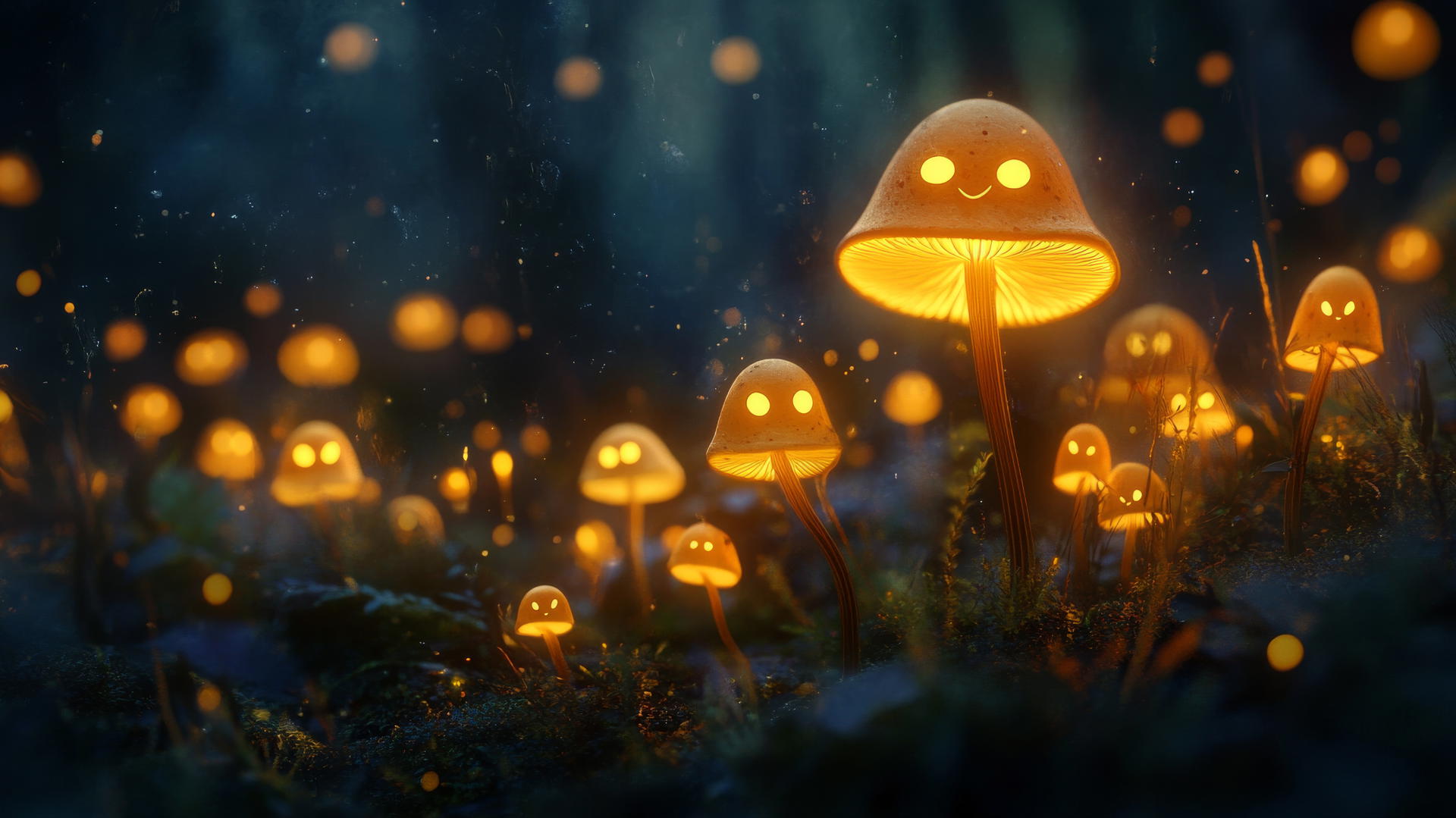 cute black wallpaper with glowing mushrooms in a dark forest