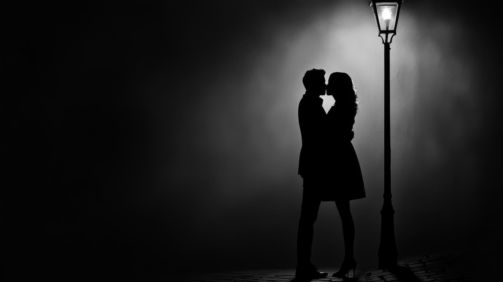 Black and white aesthetic wallpaper of a couple kissing under a glowing streetlamp