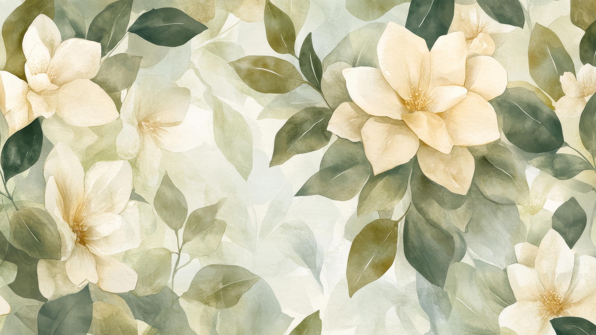A modern green floral wallpaper with large watercolor leaves and blossoms in soft pastel greens