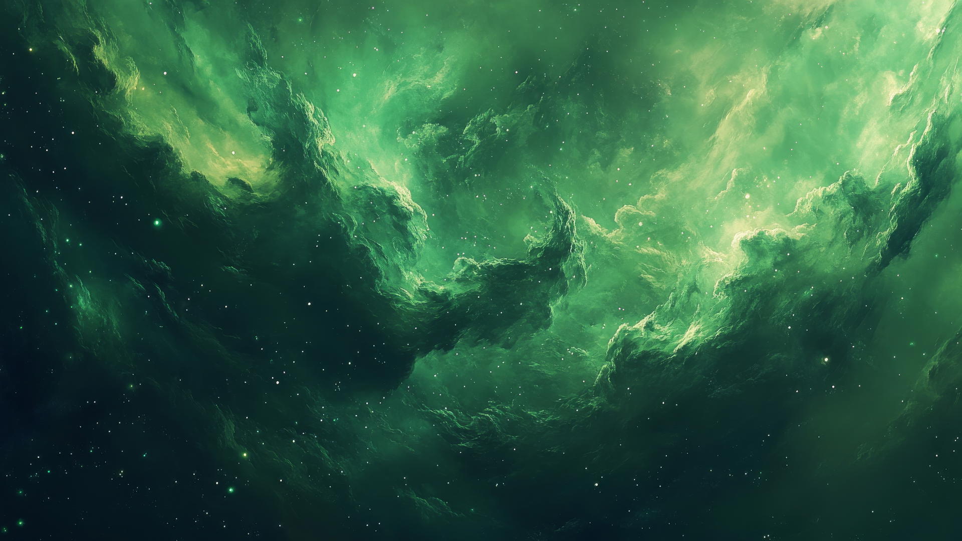 Dreamy emerald green wallpaper with abstract night sky, swirling emerald clouds, and stars