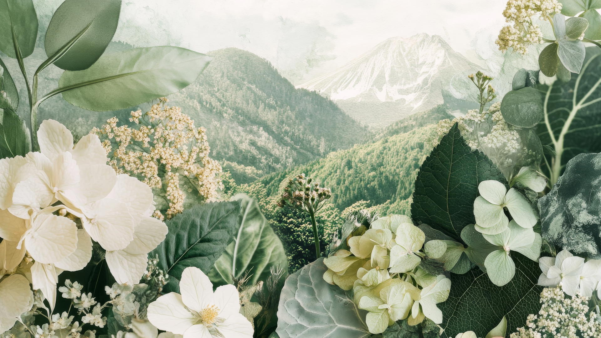 A dreamy green aesthetic wallpaper with nature collage of leaves, flowers, and mountains