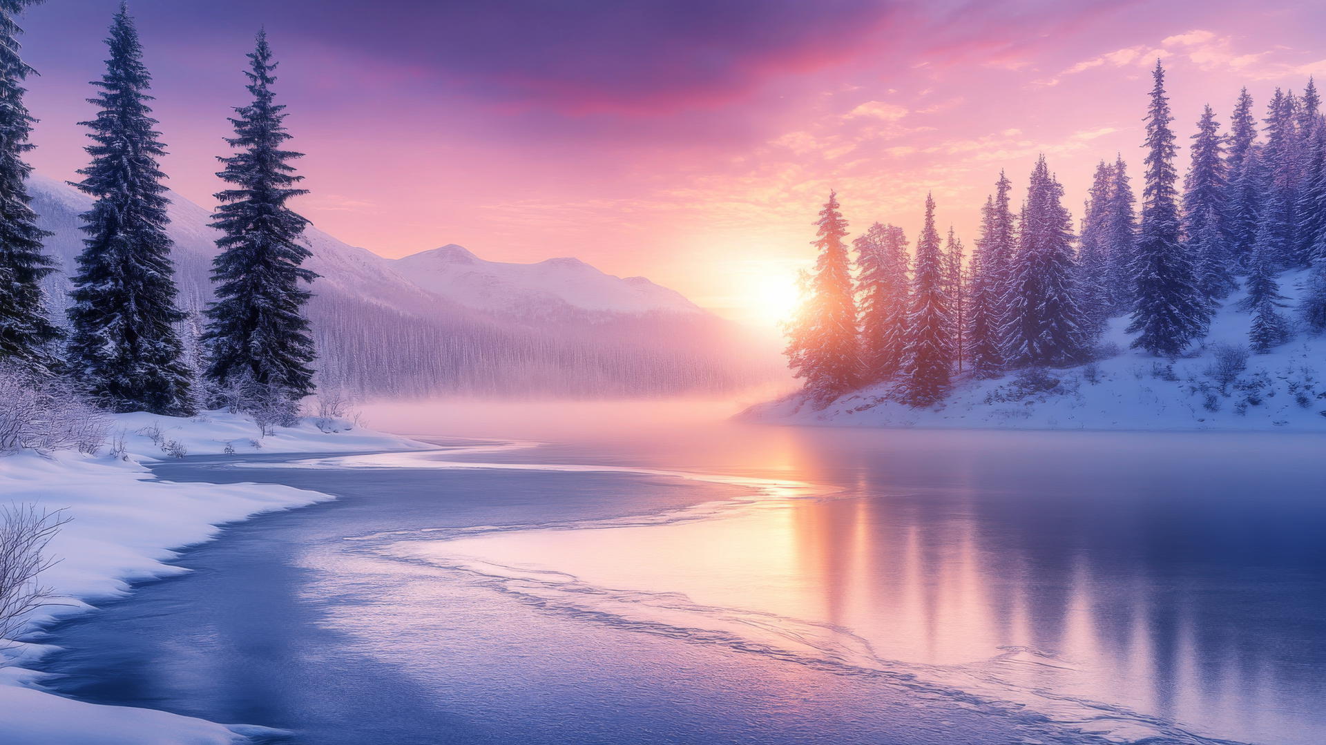 beautiful nature wallpaper 4k of a snow-covered landscape with a frozen lake, pine trees, and a pink and purple sunset