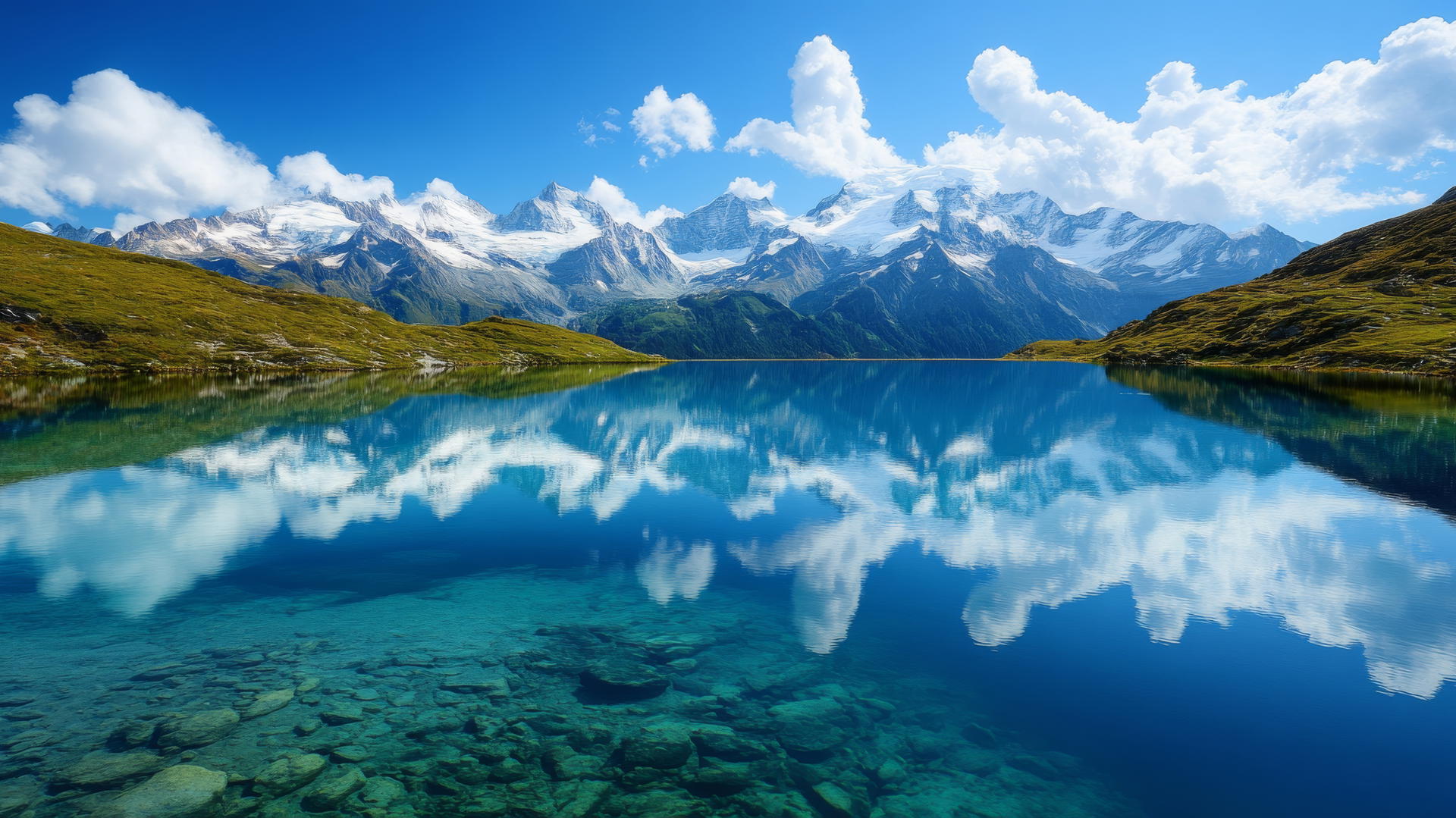 beautiful nature wallpaper 4k with alpine lake reflecting snow-capped mountains