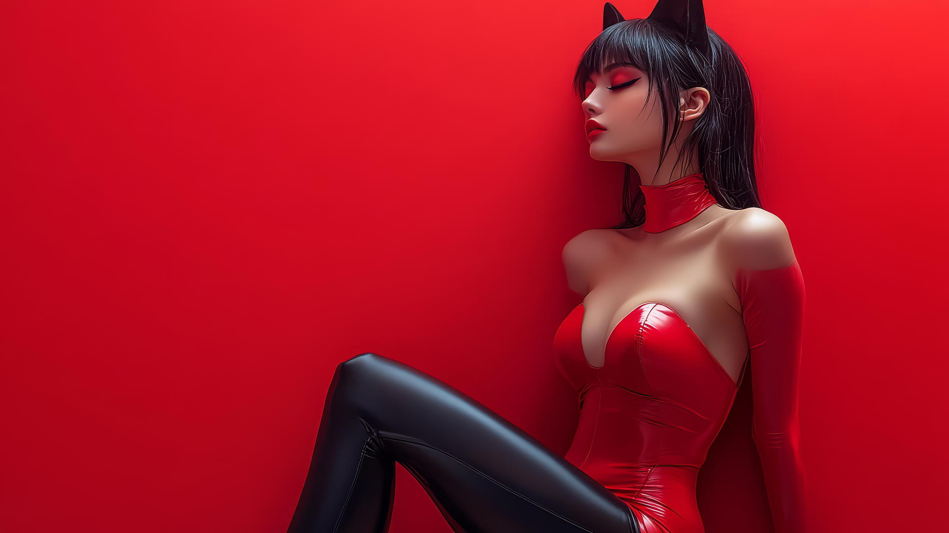 Asian girl with cat ears in high heels sitting cross-legged