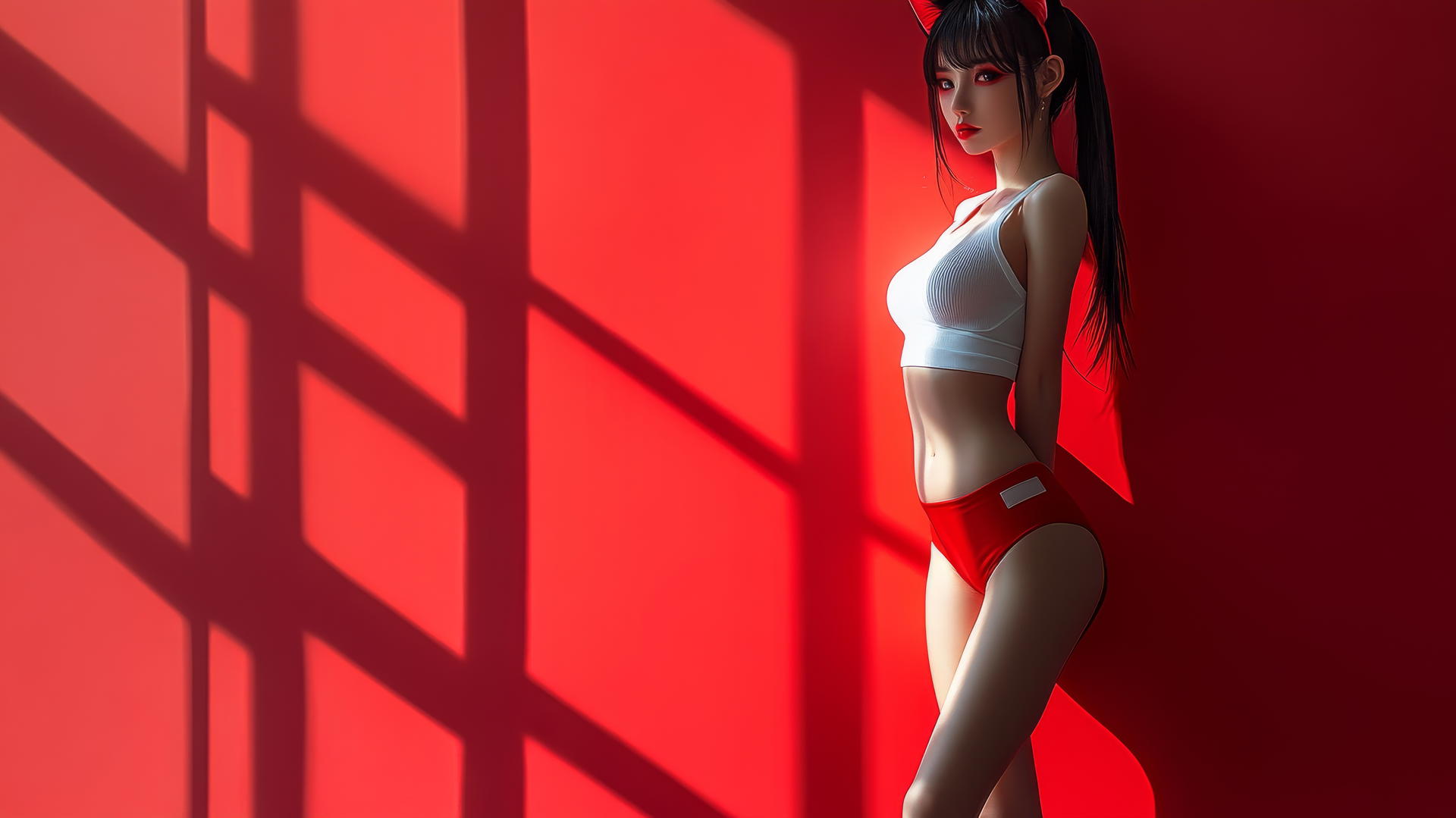 Asian girl with cat ears and high heels sitting cross-legged in a side view.