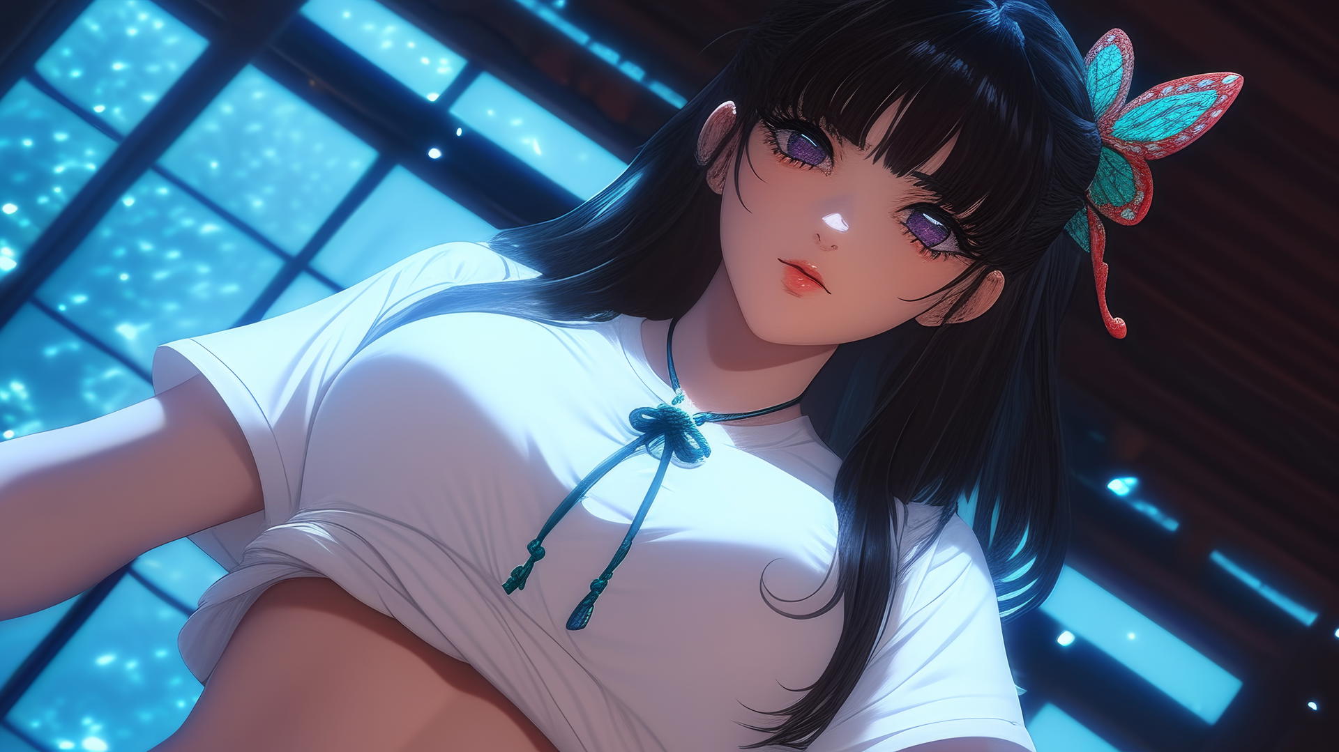 Kanao Tsuyuri kneeling, seen from below with ceiling background, warm light highlighting her thighs.
