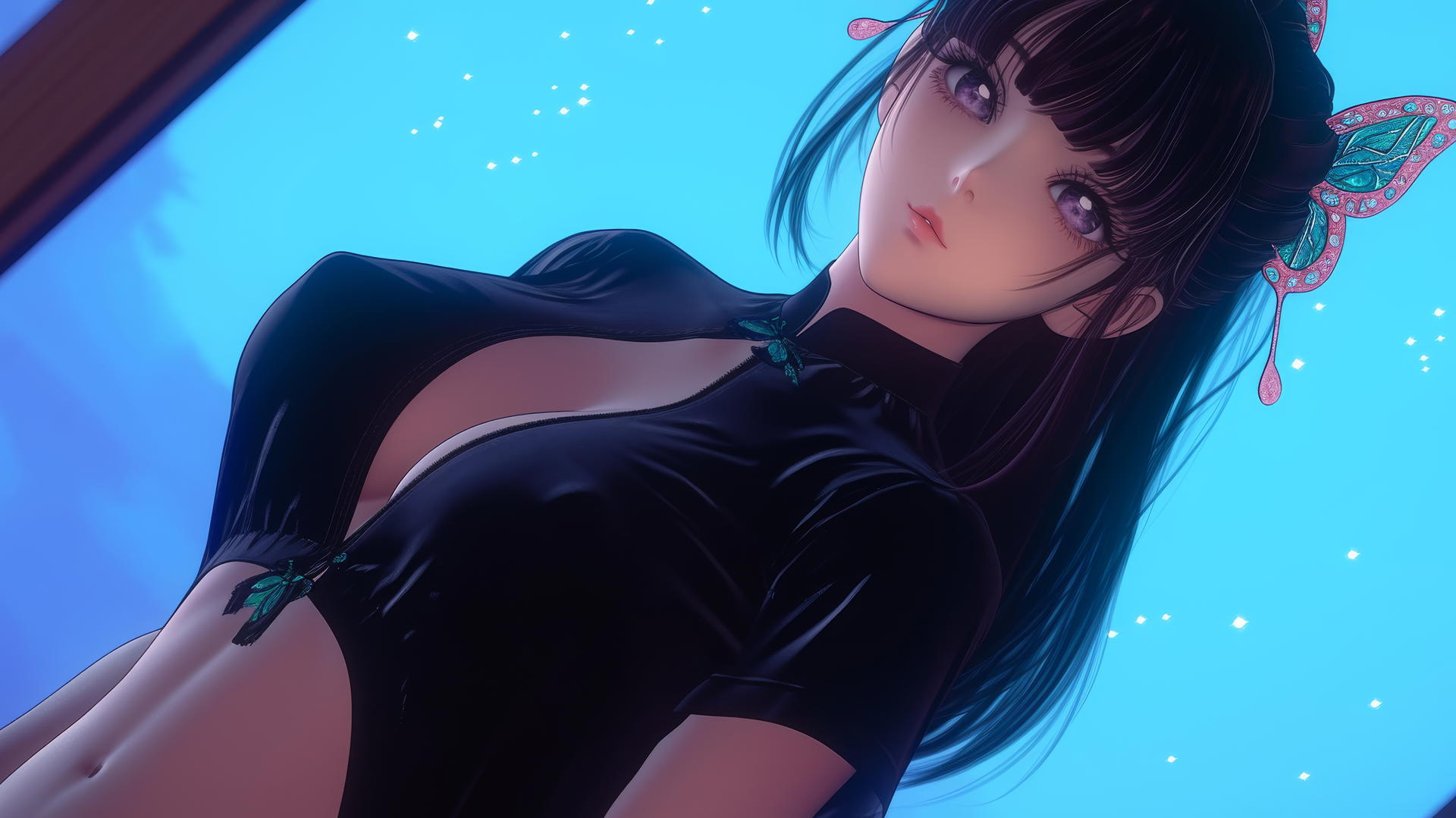 Kanao Tsuyuri kneeling and looking down with warm light highlighting her thighs, ceiling background.