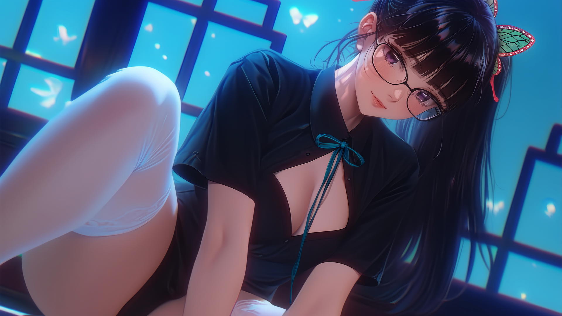Kanao Tsuyuri kneeling, seen from below, warm light highlights her figure and legs.