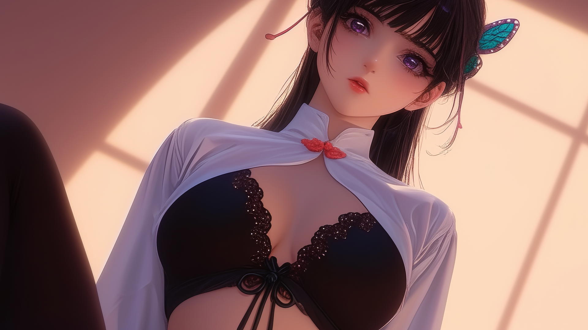 kneeling Kanao Tsuyuri with dark lilac eyes looking down, ceiling background