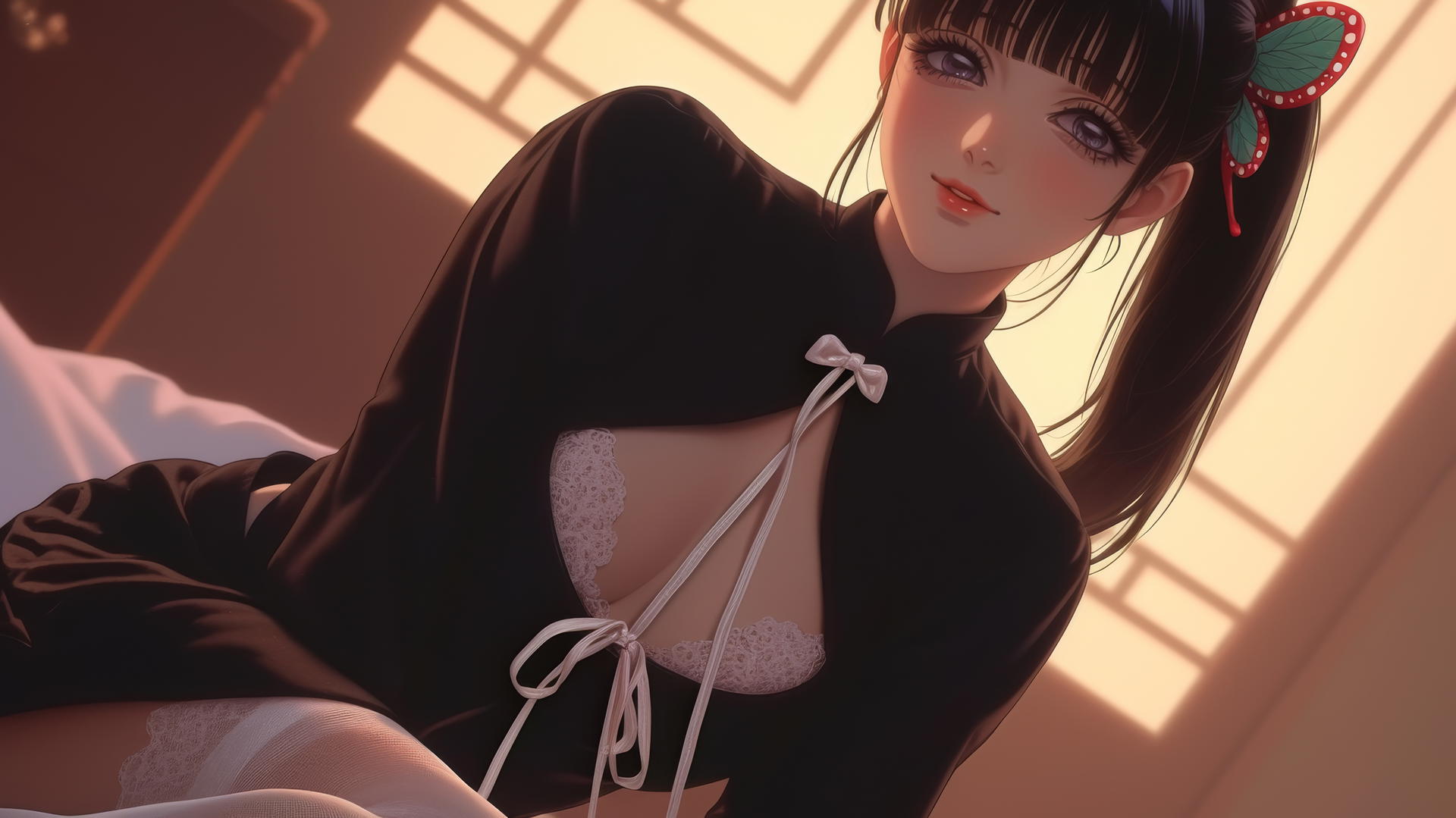 Kanao Tsuyuri from Demon Slayer dressed as a nurse, kneeling and looking down with warm light highlighting her figure.