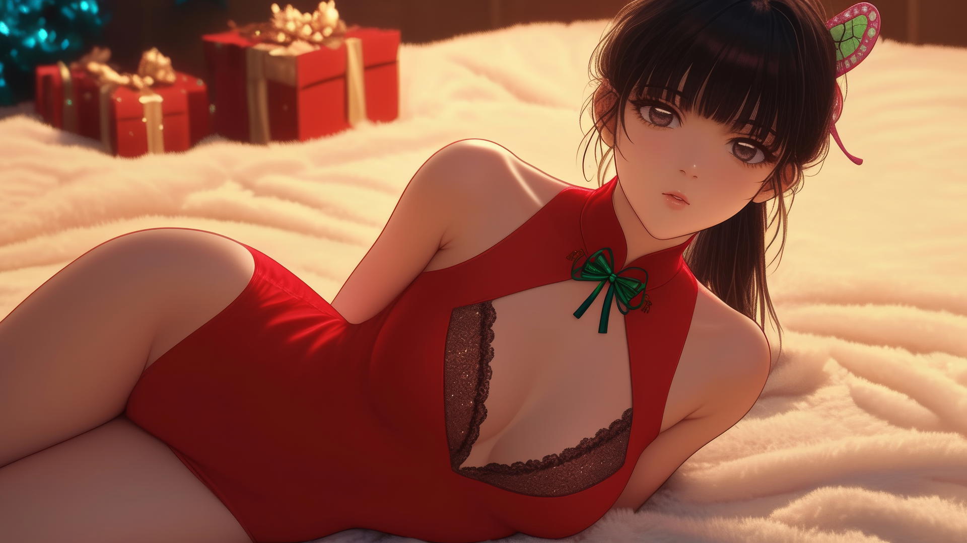 Kanao Tsuyuri in Christmas attire with warm light at a modern hotel