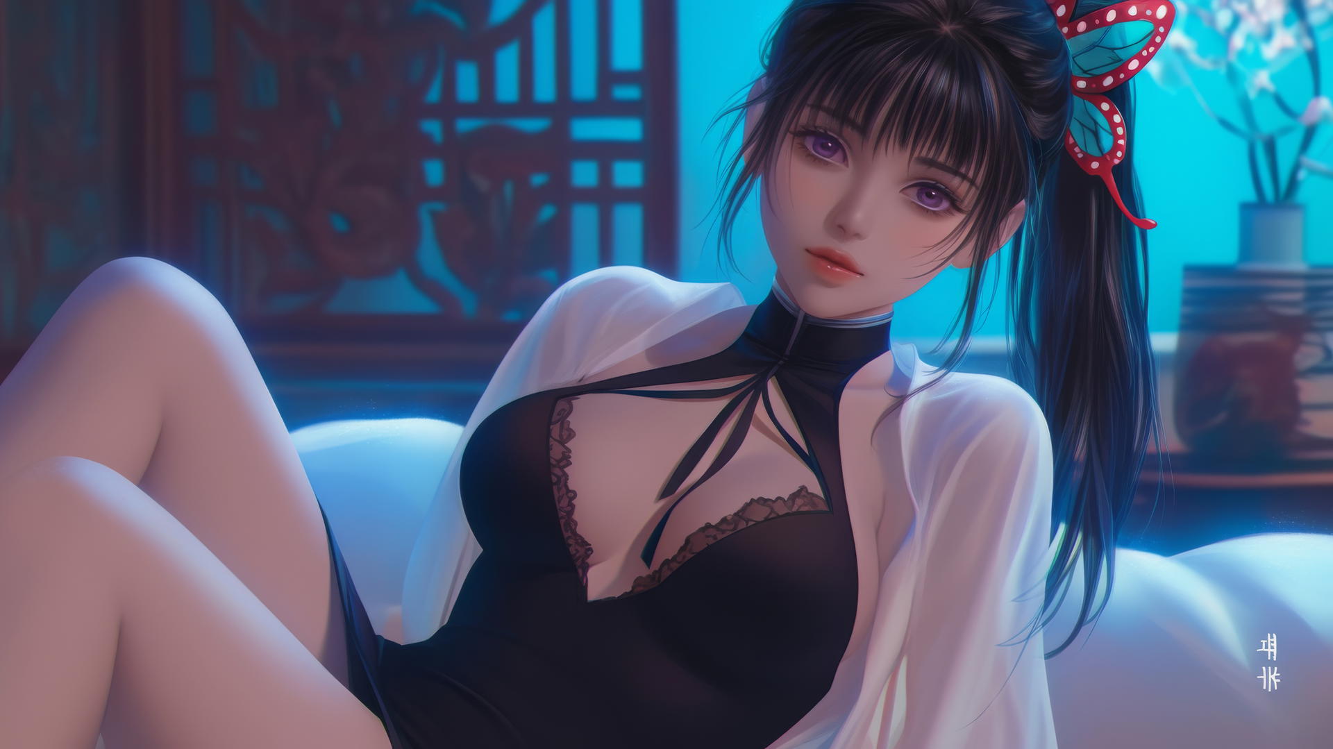 Kanao Tsuyuri from Demon Slayer in a modern hotel with warm light highlighting her legs