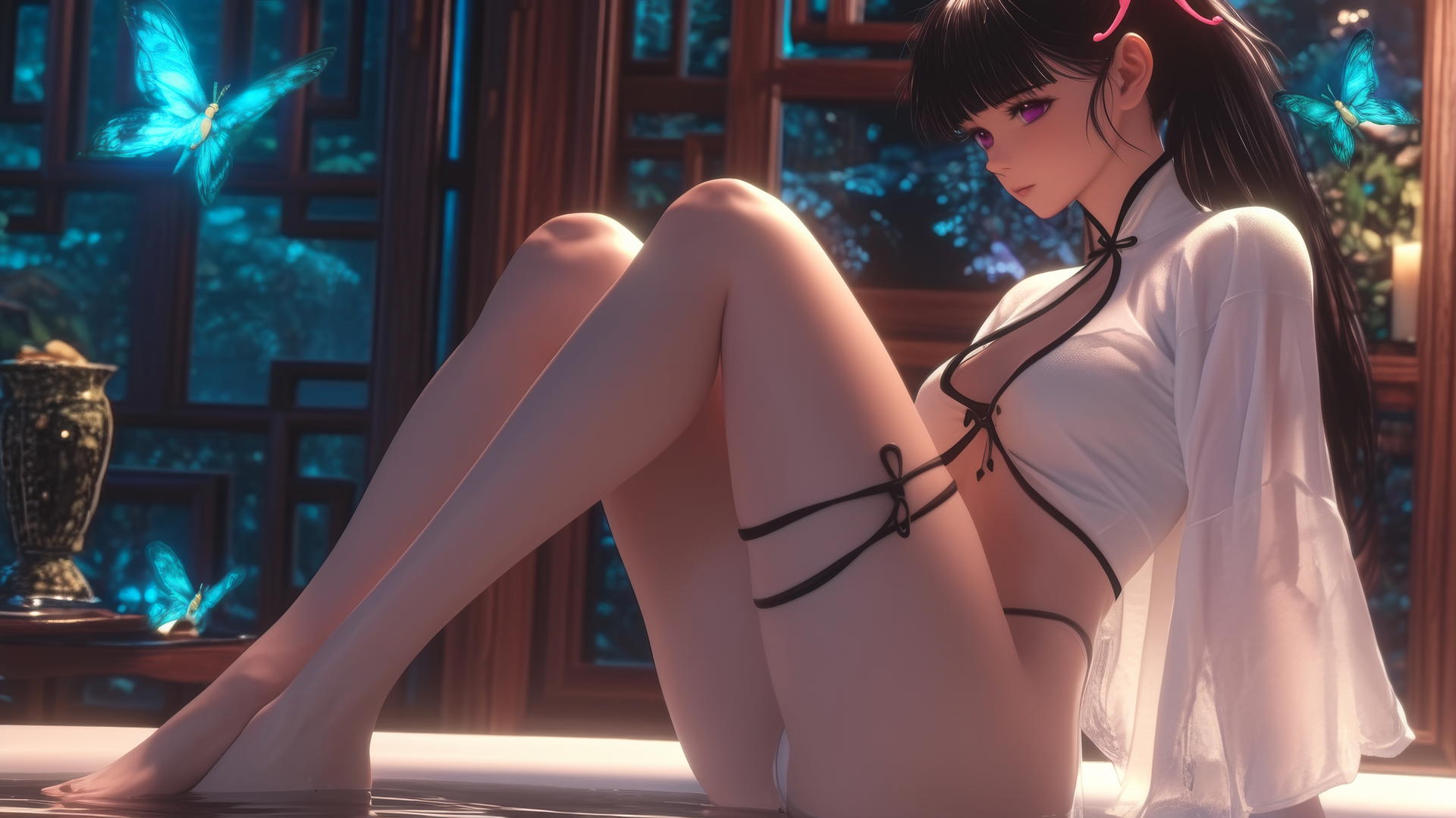 Kanao Tsuyuri from Demon Slayer in a modern apartment tub, one leg pointing up, bathed in warm light.