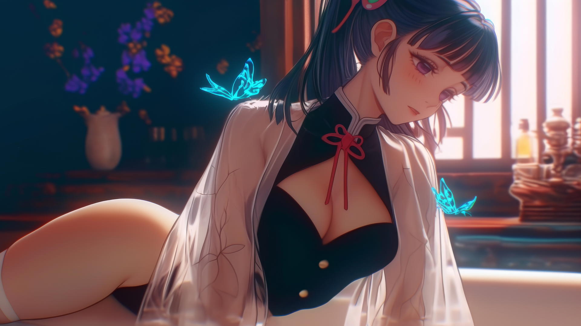 Kanao Tsuyuri from Demon Slayer at a tub in a modern apartment, warm light glow on figure.