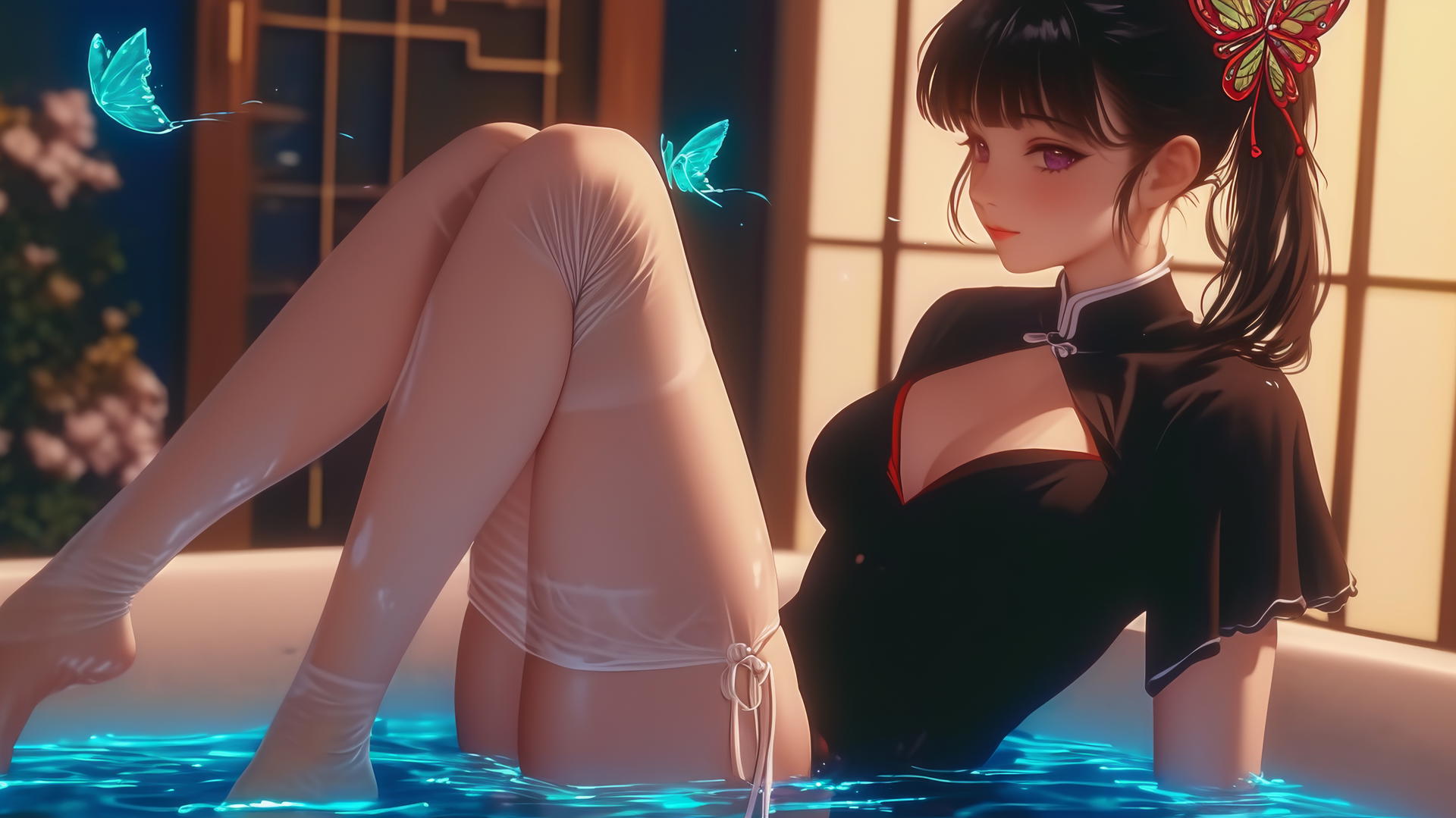 Kanao Tsuyuri from Demon Slayer at a modern apartment tub, warm light highlighting her figure.