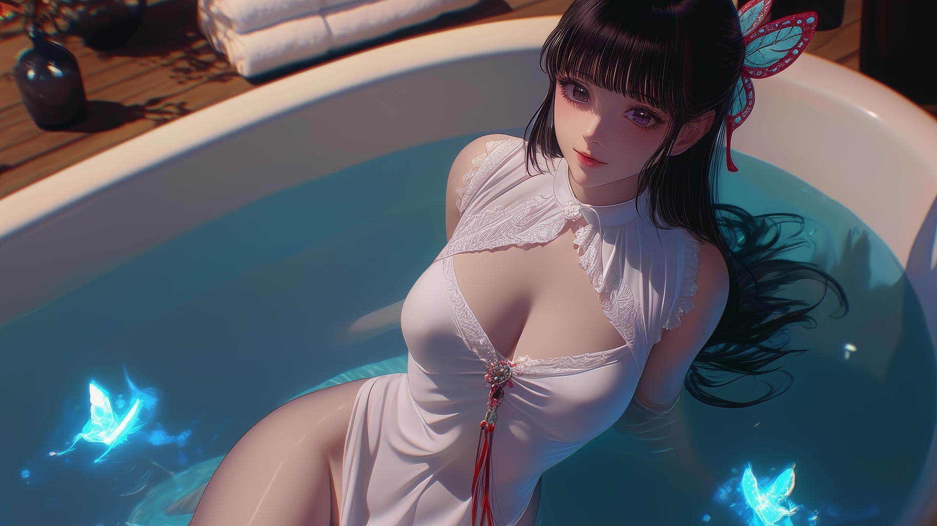 Kanao Tsuyuri from Demon Slayer resting in a tub with warm lighting.