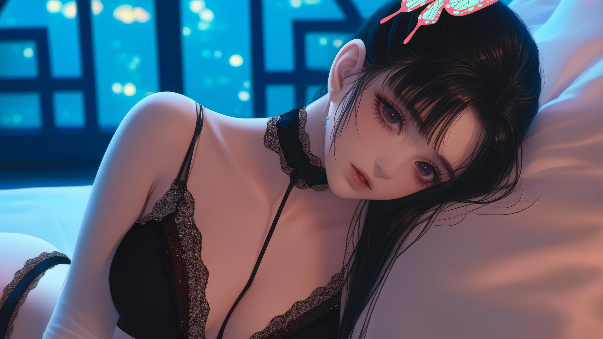 Kanao Tsuyuri resting in a modern apartment with warm light highlighting her figure.